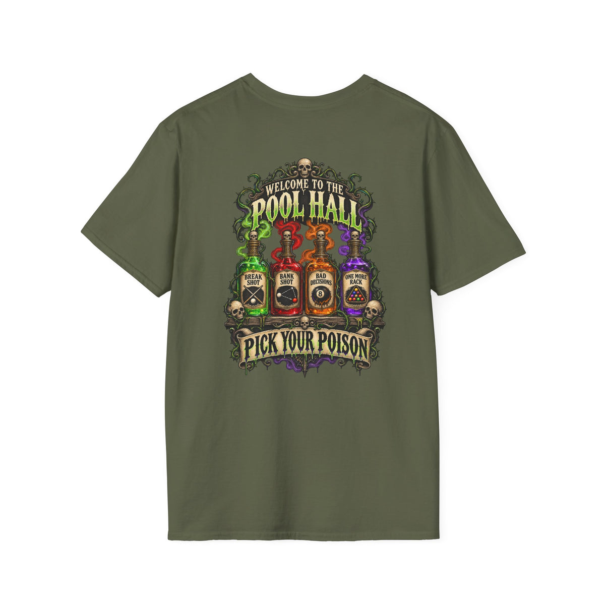 Pick Your Poison – Halloween Billiards T-Shirt – Front & Back Pool Tee | CCS-HST-003