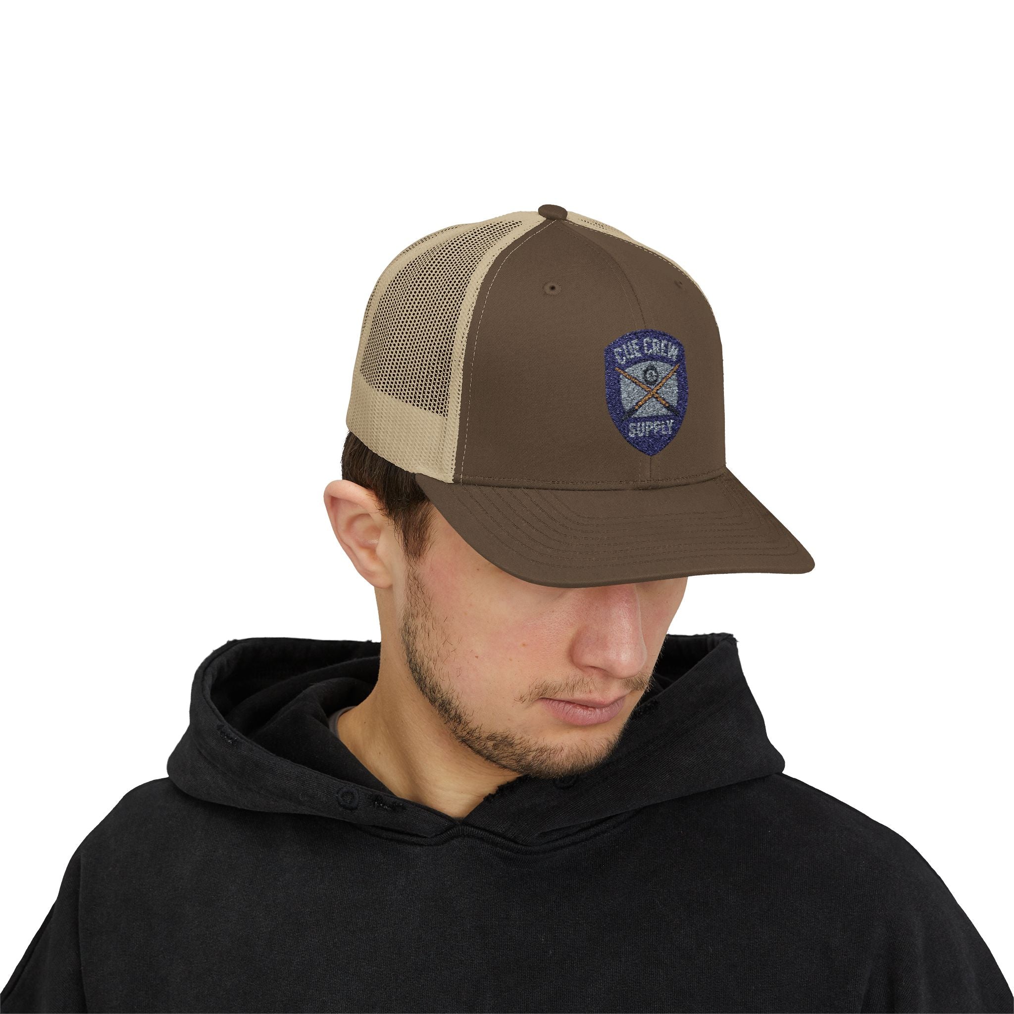 Cue Crew Supply V1 Embroidered Patch Trucker Hat - Yupoong
