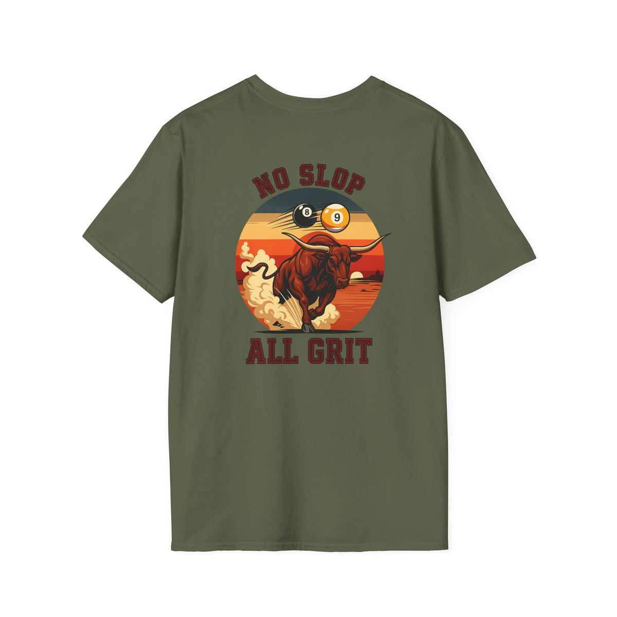 No Slop All Grit Funny Western Billiards T-Shirt | Charging Bull 9 Ball Pool Player Graphic Tee | Front & Back Print