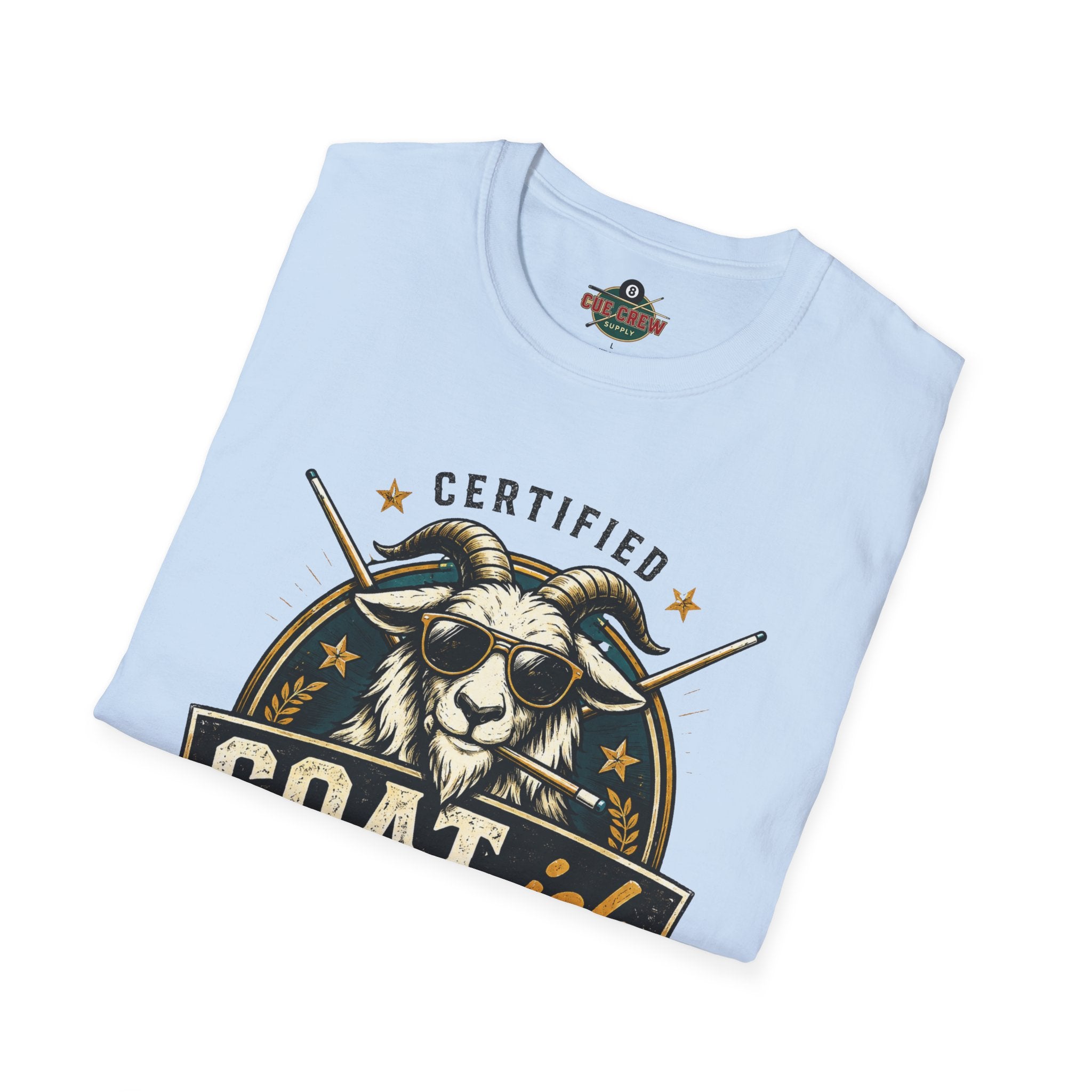 Certified GOAT-ish Funny Billiards T-Shirt | Pool Player Graphic Unisex Tee | 8 Ball Goat Design - Front Only