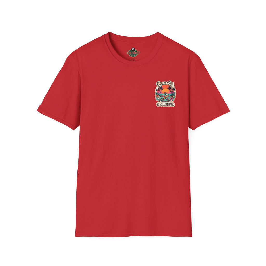 Runouts & Sunsets Tropical Billiards T-Shirt | Beach Pool Player Graphic Tee | Front & Back Print
