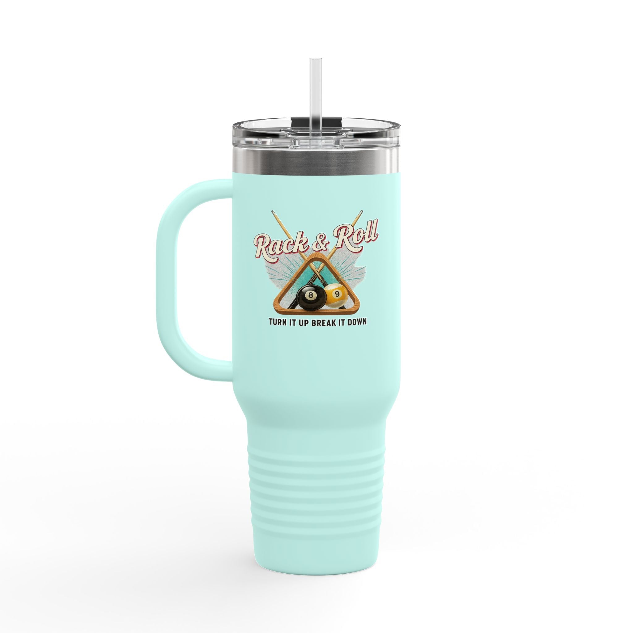Rack & Roll v2 40oz Insulated Travel Mug – Pool Cue Billiards Design,