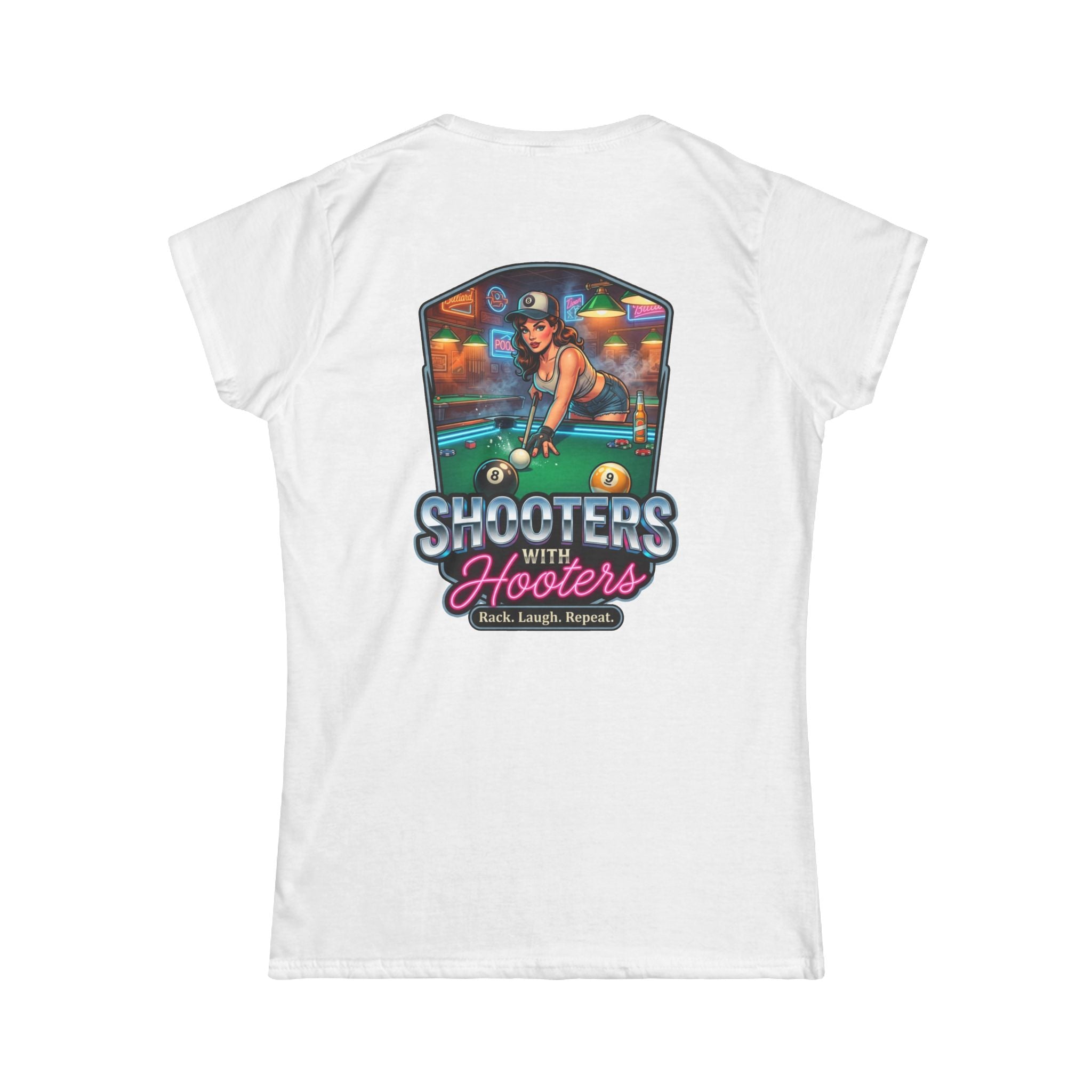 Shooters With Hooters Women's Billiards T-Shirt – Funny Pool Player Graphic Tee | Front & Back Print
