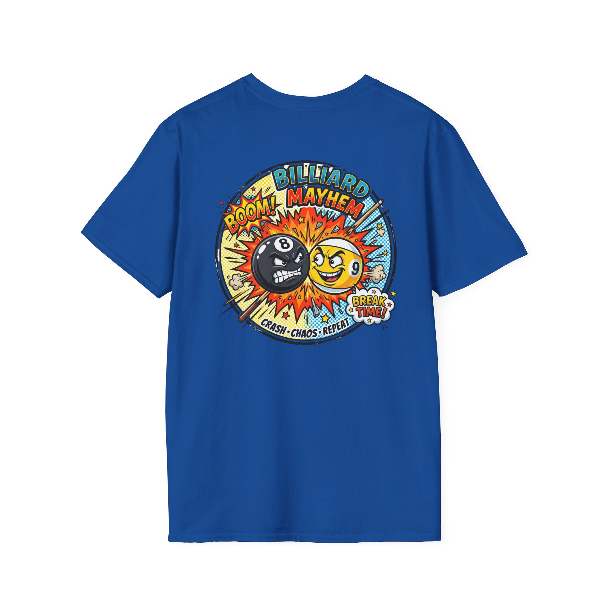 Billiard Mayhem Comic Pool Player T-Shirt | Boom! Break Time! Funny 8 Ball & 9 Ball Graphic Tee | Front & Back Print