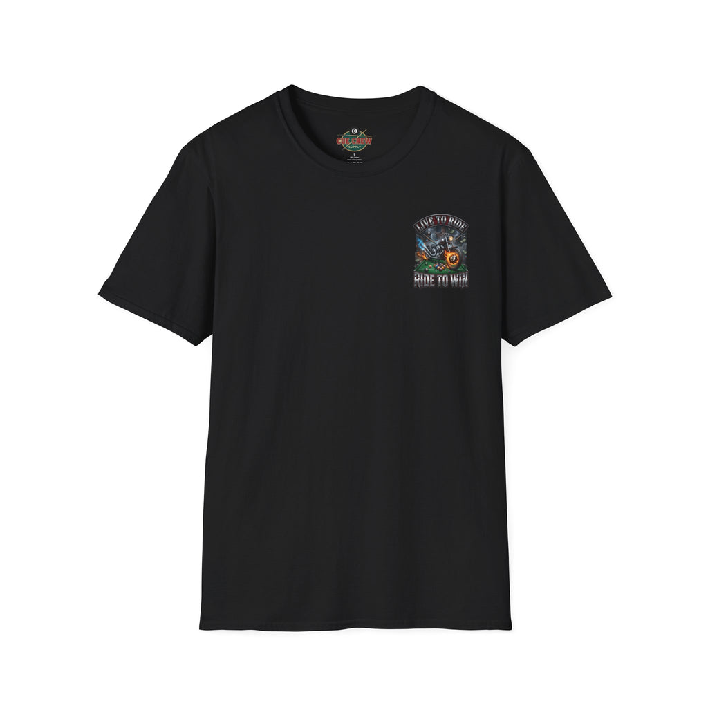 Live to Ride. Ride to Win. Biker Billiards T-Shirt | Motorcycle Pool Player Graphic Tee | Front & Back Print