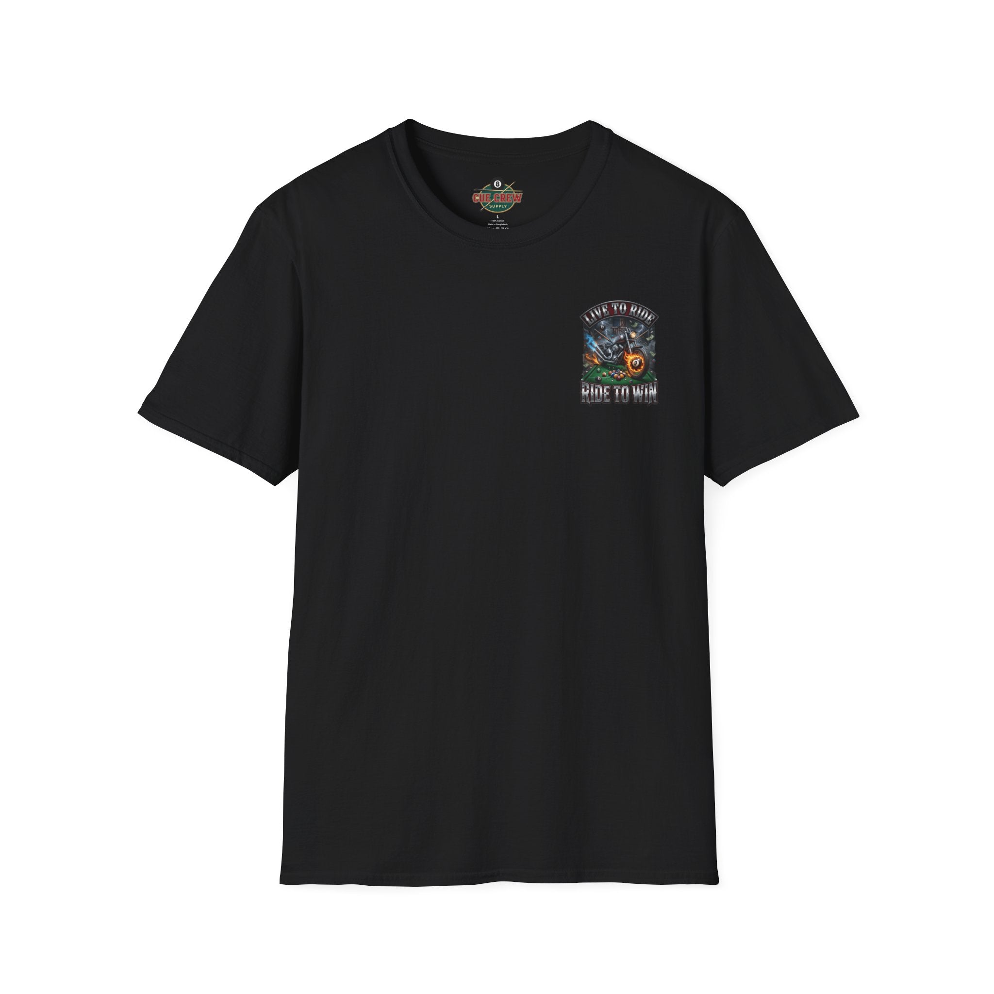 Live to Ride. Ride to Win. Biker Billiards T-Shirt | Motorcycle Pool Player Graphic Tee | Front & Back Print