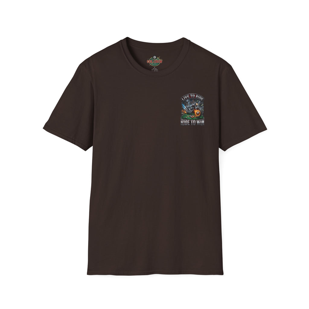 Live to Ride. Ride to Win. Biker Billiards T-Shirt | Motorcycle Pool Player Graphic Tee | Front & Back Print
