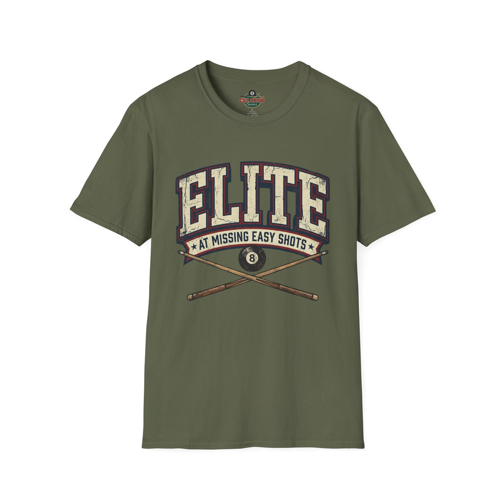 Elite at Missing Easy Shots V2 Funny Billiards T-Shirt | Vintage 8 Ball Pool Player Graphic Unisex Tee