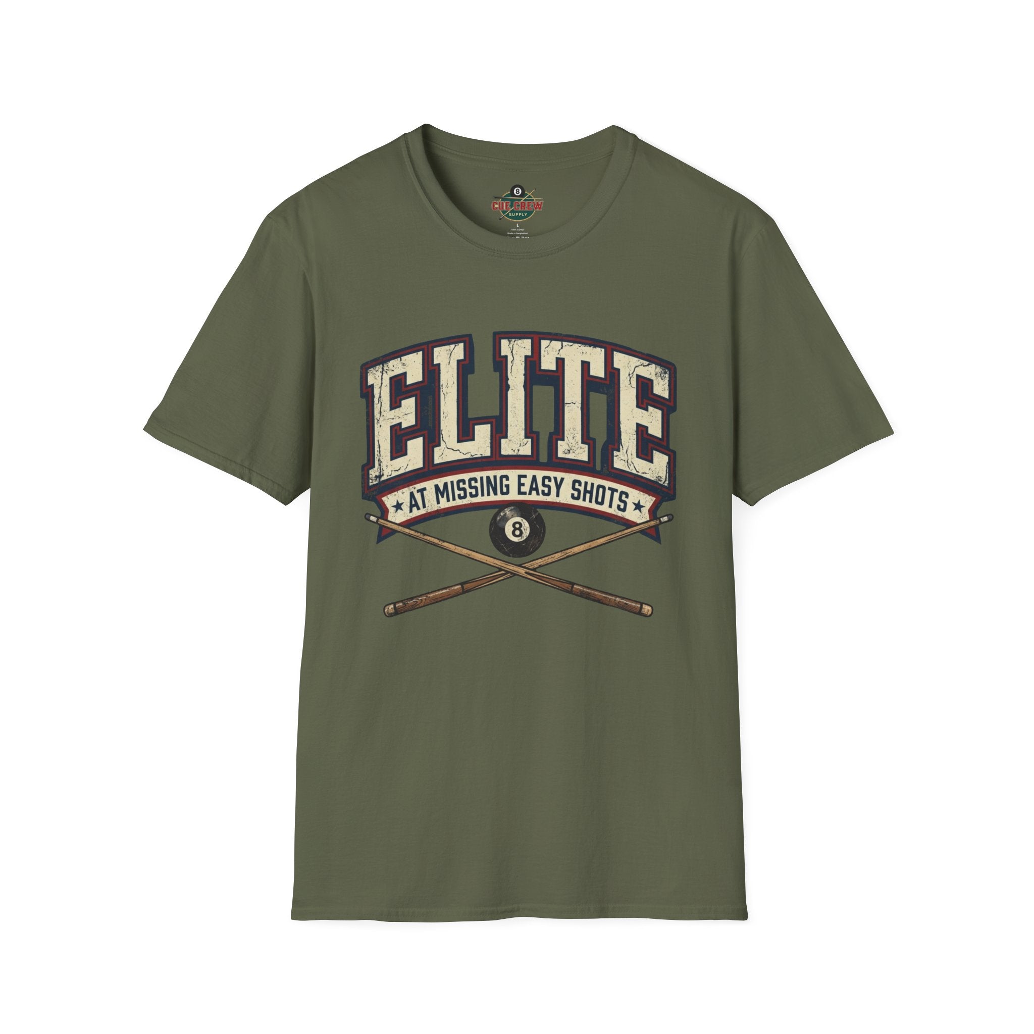 Elite at Missing Easy Shots V2 Funny Billiards T-Shirt | Vintage 8 Ball Pool Player Graphic Unisex Tee