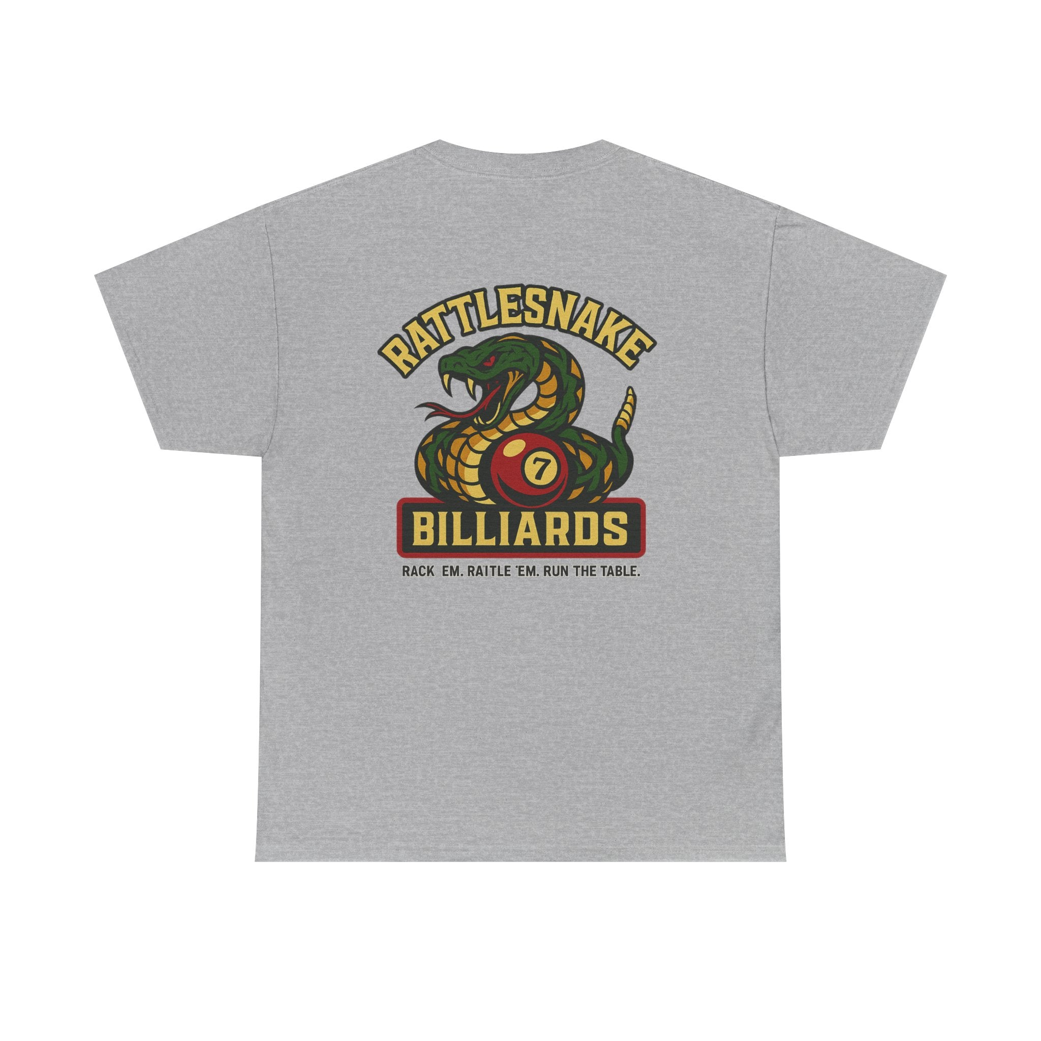 Rattlesnake Billiards - Rack 'Em, Rattle 'Em, Run The Table - Strike Hard, Play Bold Tee