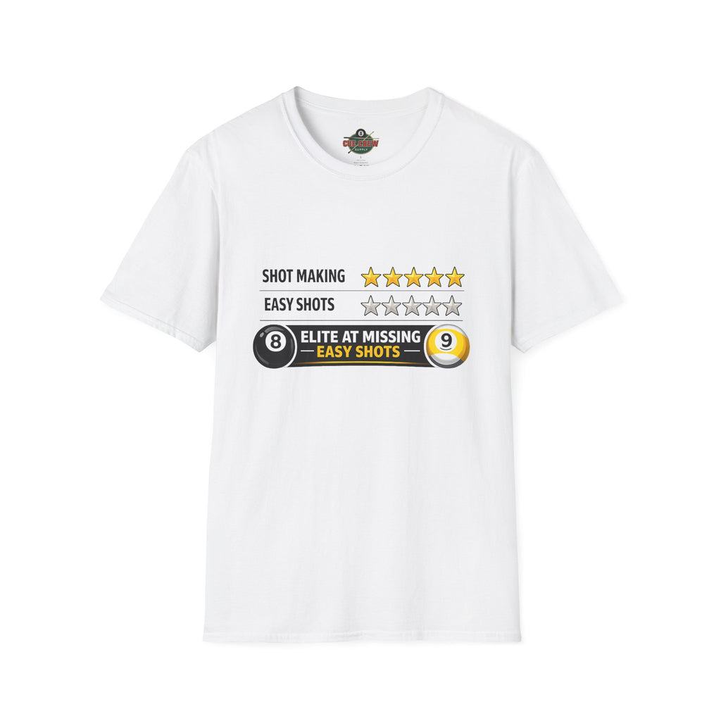Elite At Missing Easy Shots Funny Billiards T-Shirt | 8 Ball & 9 Ball Graphic Unisex Tee | Front Print Only