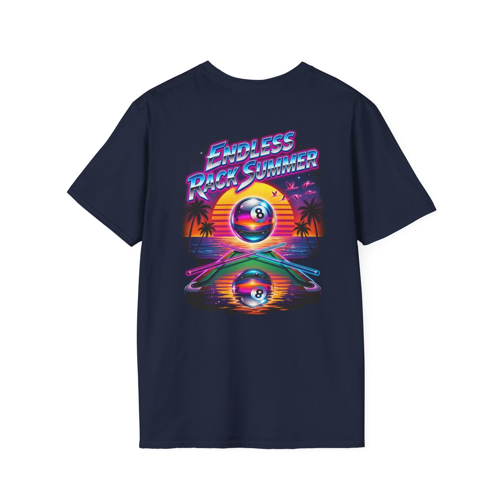 Endless Rack Summer Retro Sunset Billiards T-Shirt | Tropical 8 Ball Pool Player Graphic Tee | Front & Back Print