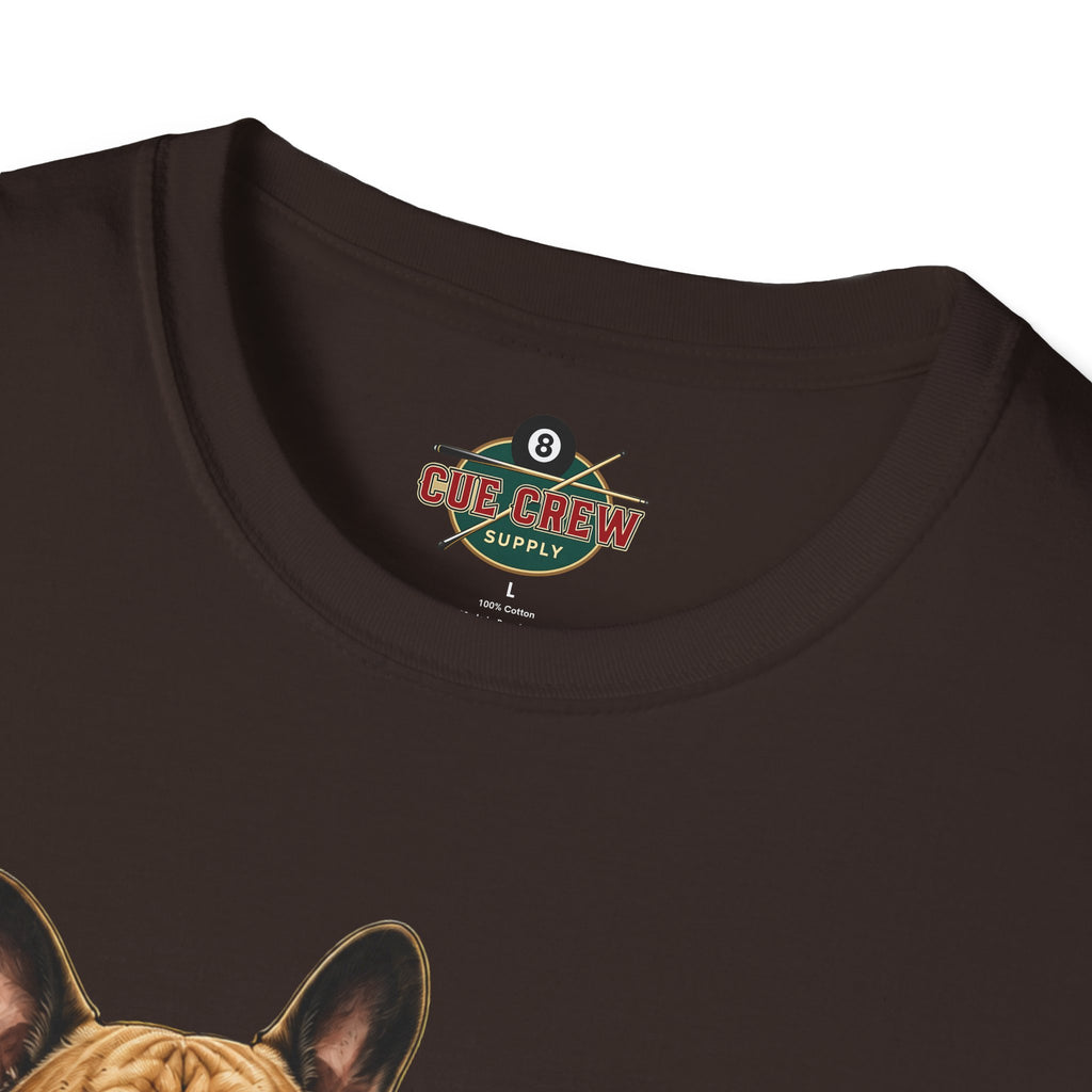 Rockin' French Bulldog Playing Cue Guitar Funny Billiards T-Shirt | Pool Dog Graphic Front Print Unisex Tee