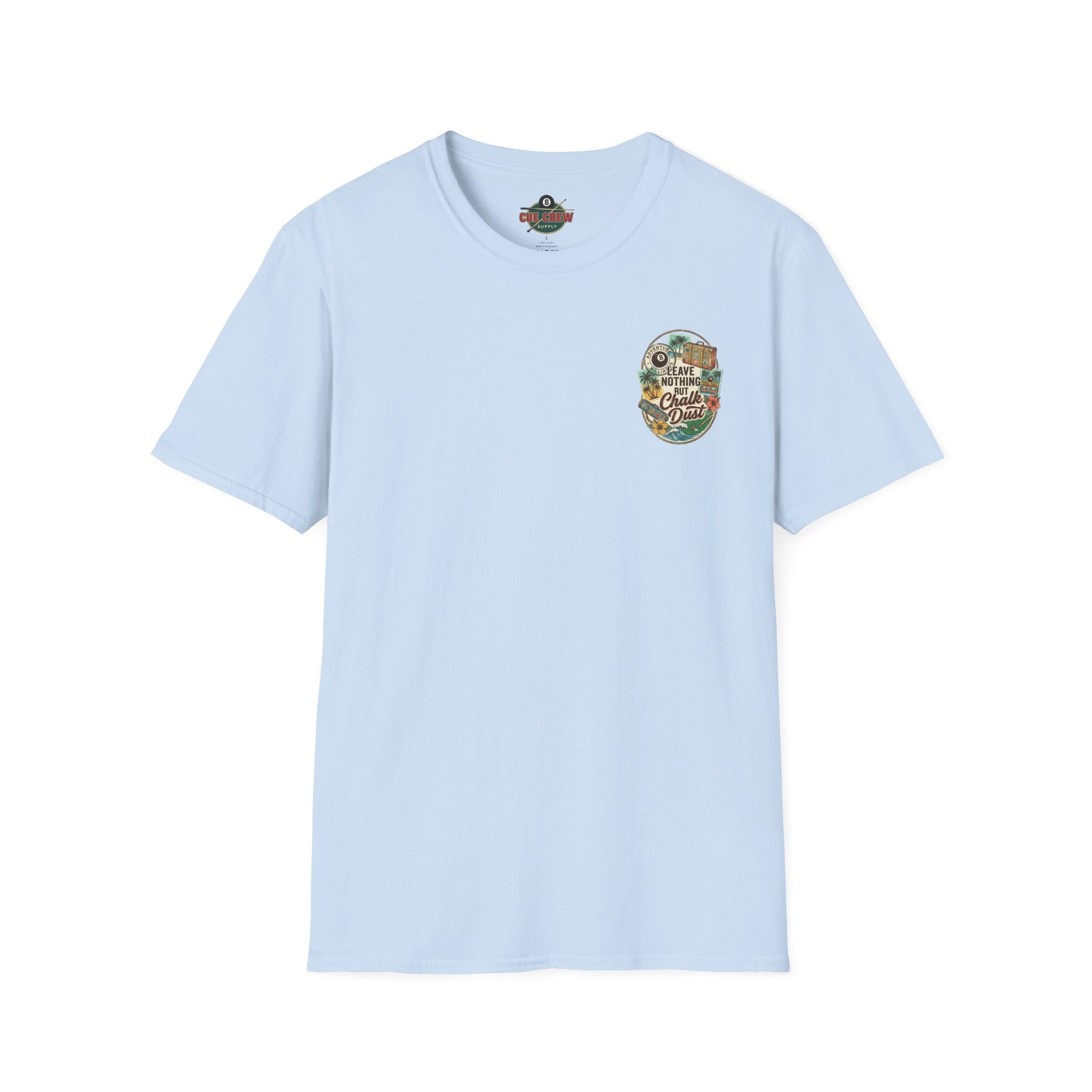 Leave Nothing But Chalk Dust | Tropical Pool Hall Vacation Billiards T-Shirt | Front & Back Graphic Tee