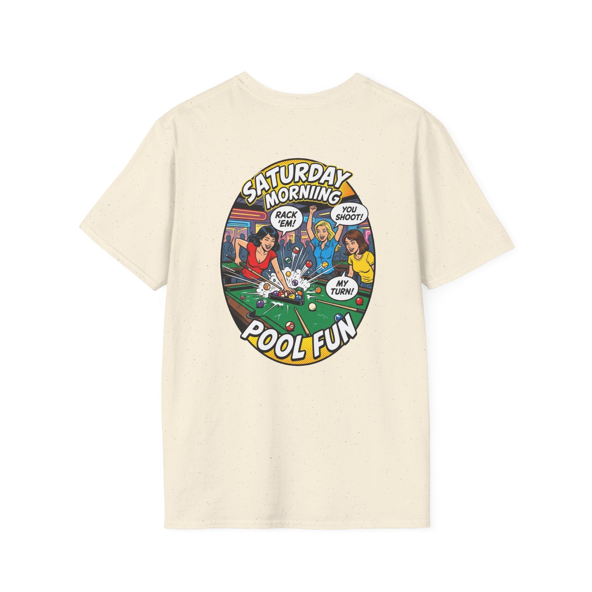 Saturday Morning Pool Fun Retro Comic Billiards T-Shirt | Funny Pool Player Graphic Tee | Front & Back Print
