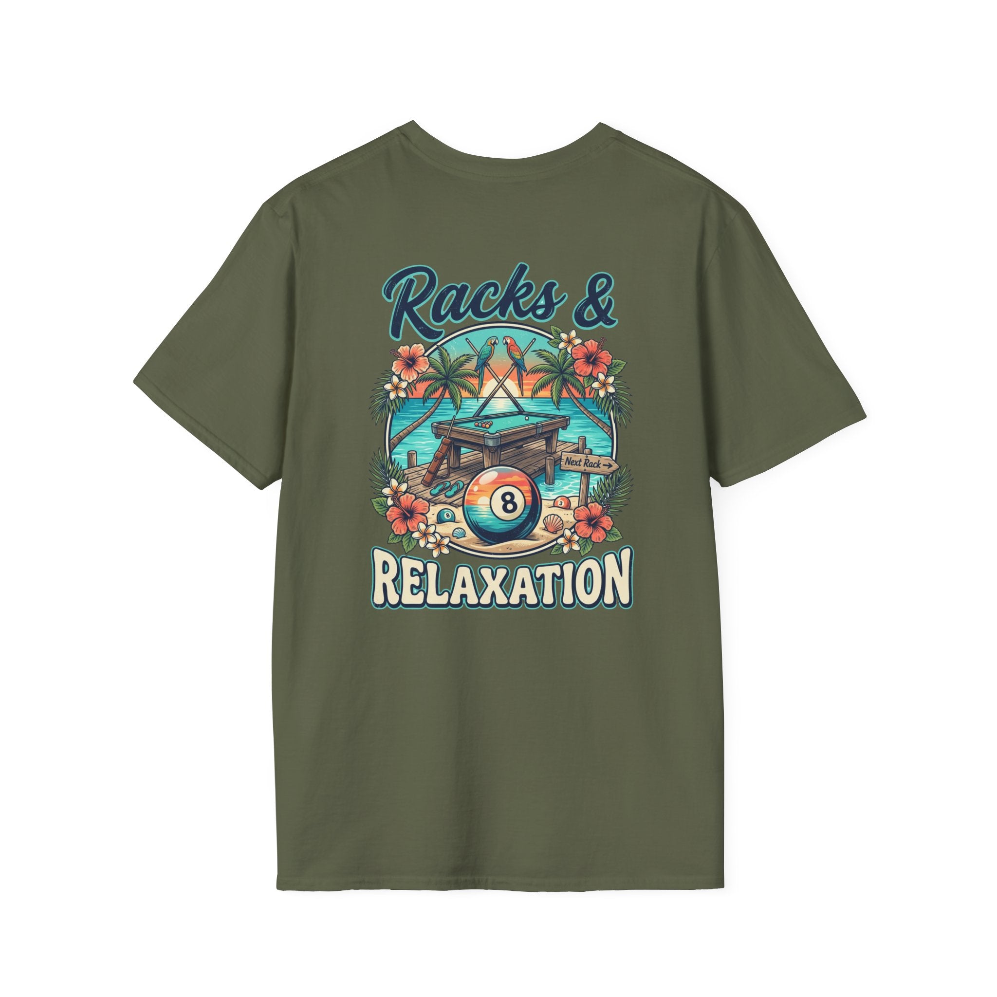 Racks & Relaxation Tropical Billiards T-Shirt | Beach Pool Player Graphic Tee | Front & Back Print