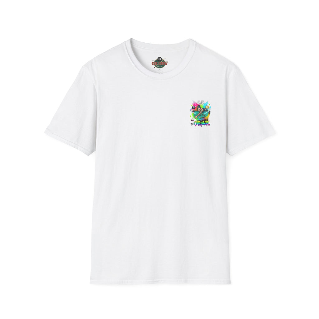 Cue the Carnage Funny Billiards T-Shirt – Tattooed Pool Shark Graphic Tee | Front & Back Print