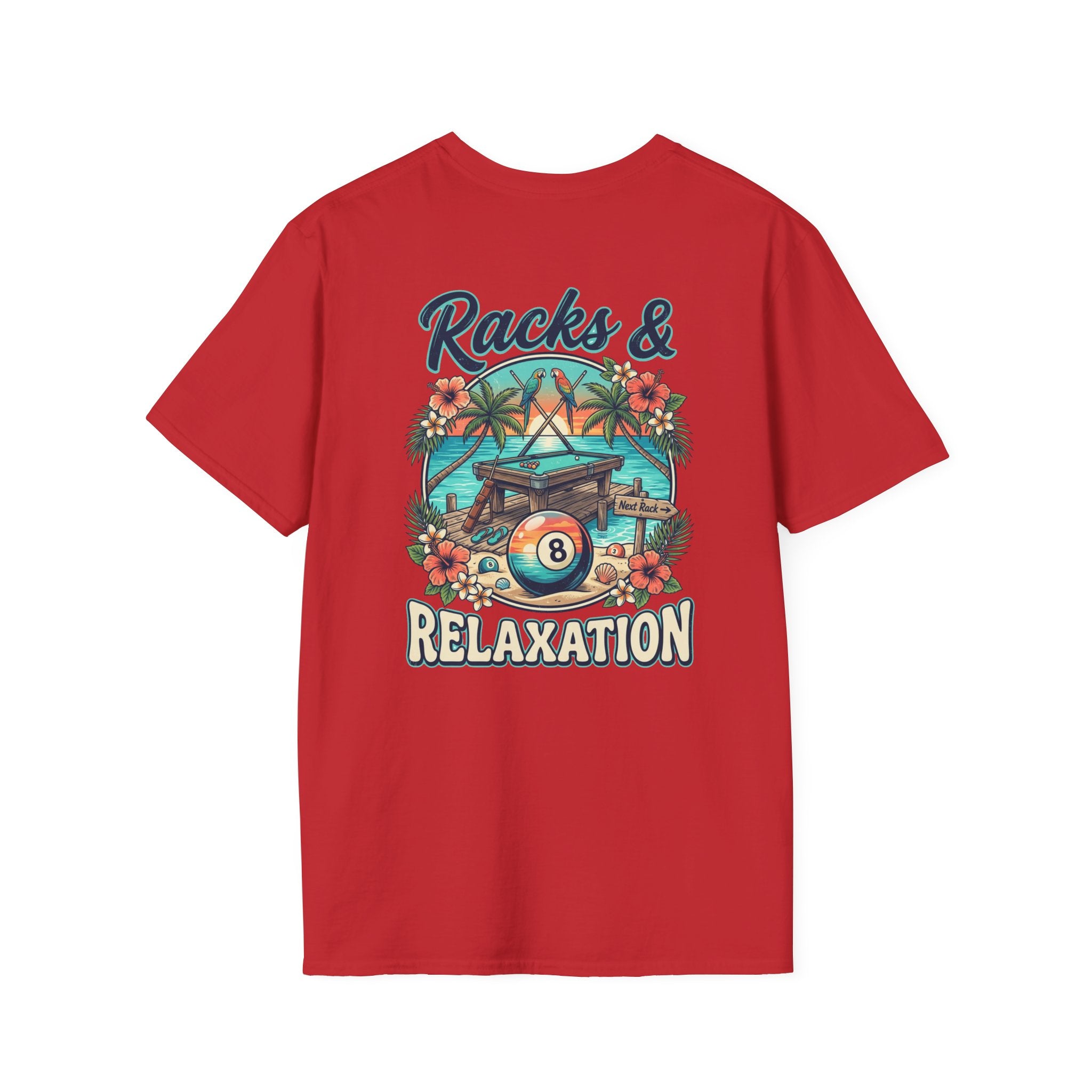 Racks & Relaxation Tropical Billiards T-Shirt | Beach Pool Player Graphic Tee | Front & Back Print