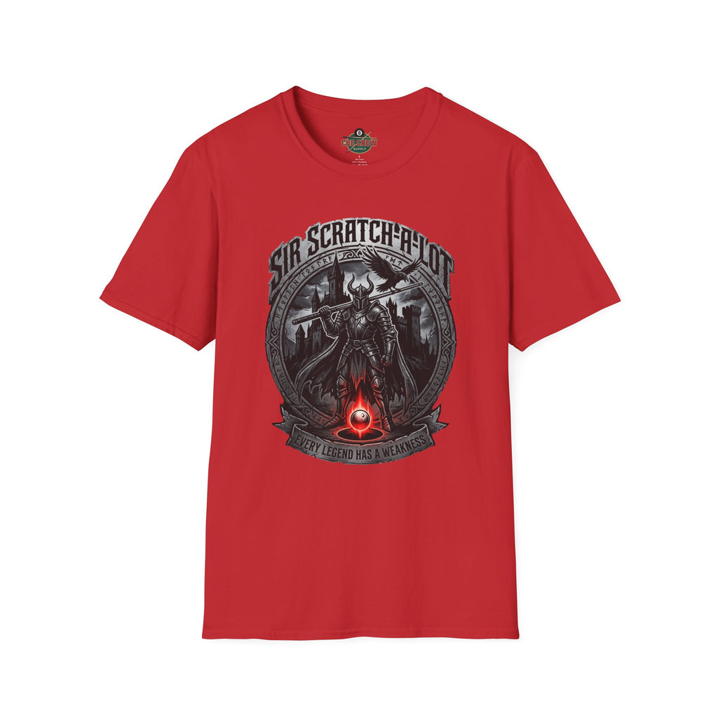 Sir Scratch-A-Lot Funny Billiards T-Shirt | Medieval Pool Knight Graphic | Front Only Print Unisex Tee