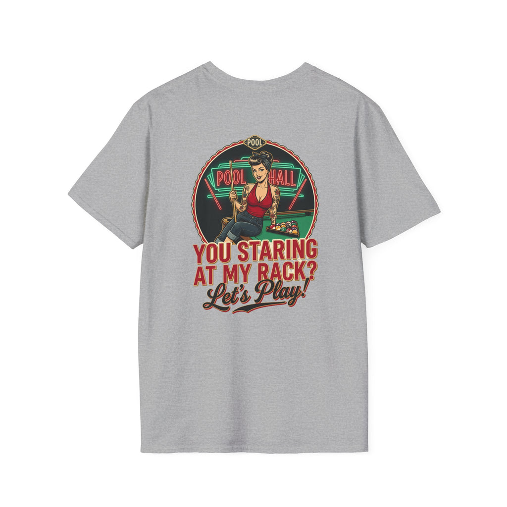 You Staring at My Rack? Let's Play! Funny Billiards T-Shirt | Retro Pool Hall Pin-Up Graphic Tee | Front & Back Print