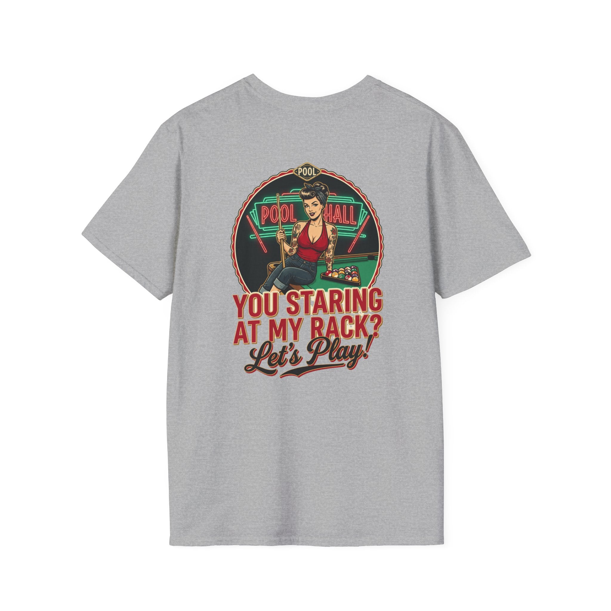 You Staring at My Rack? Let's Play! Funny Billiards T-Shirt | Retro Pool Hall Pin-Up Graphic Tee | Front & Back Print
