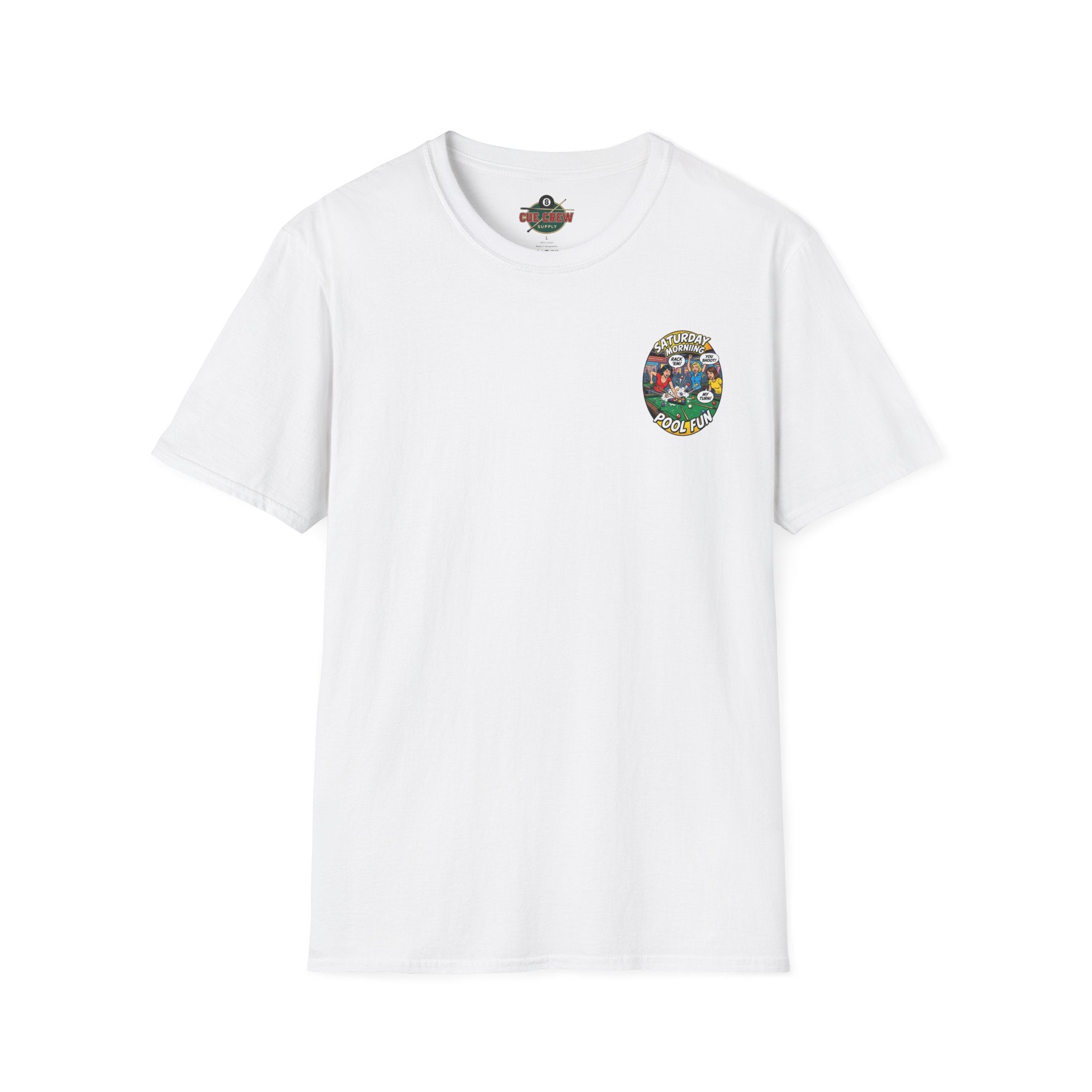 Saturday Morning Pool Fun Retro Comic Billiards T-Shirt | Funny Pool Player Graphic Tee | Front & Back Print