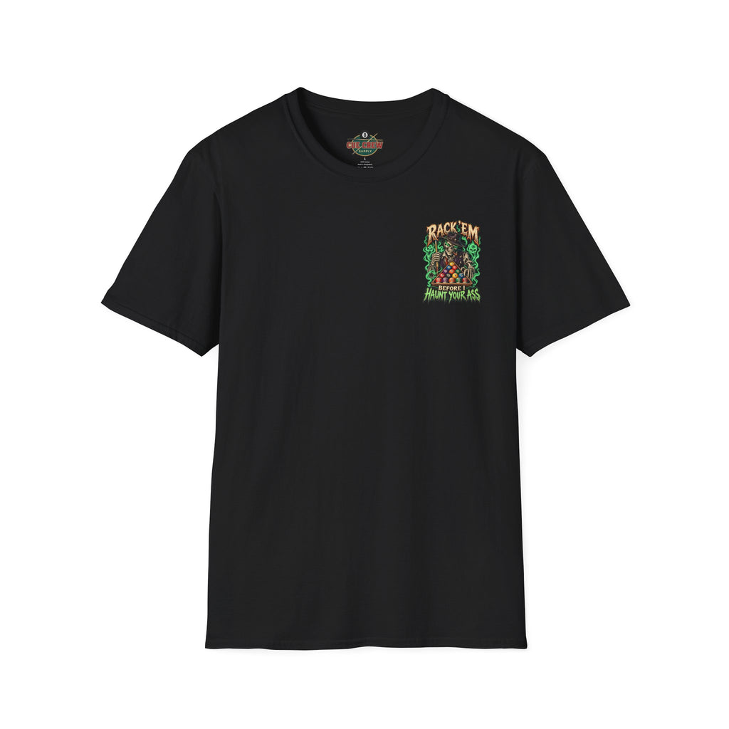 Rack ’Em Before I Haunt Your Ass – Halloween Billiards T-Shirt – Skeleton Pool Player Tee