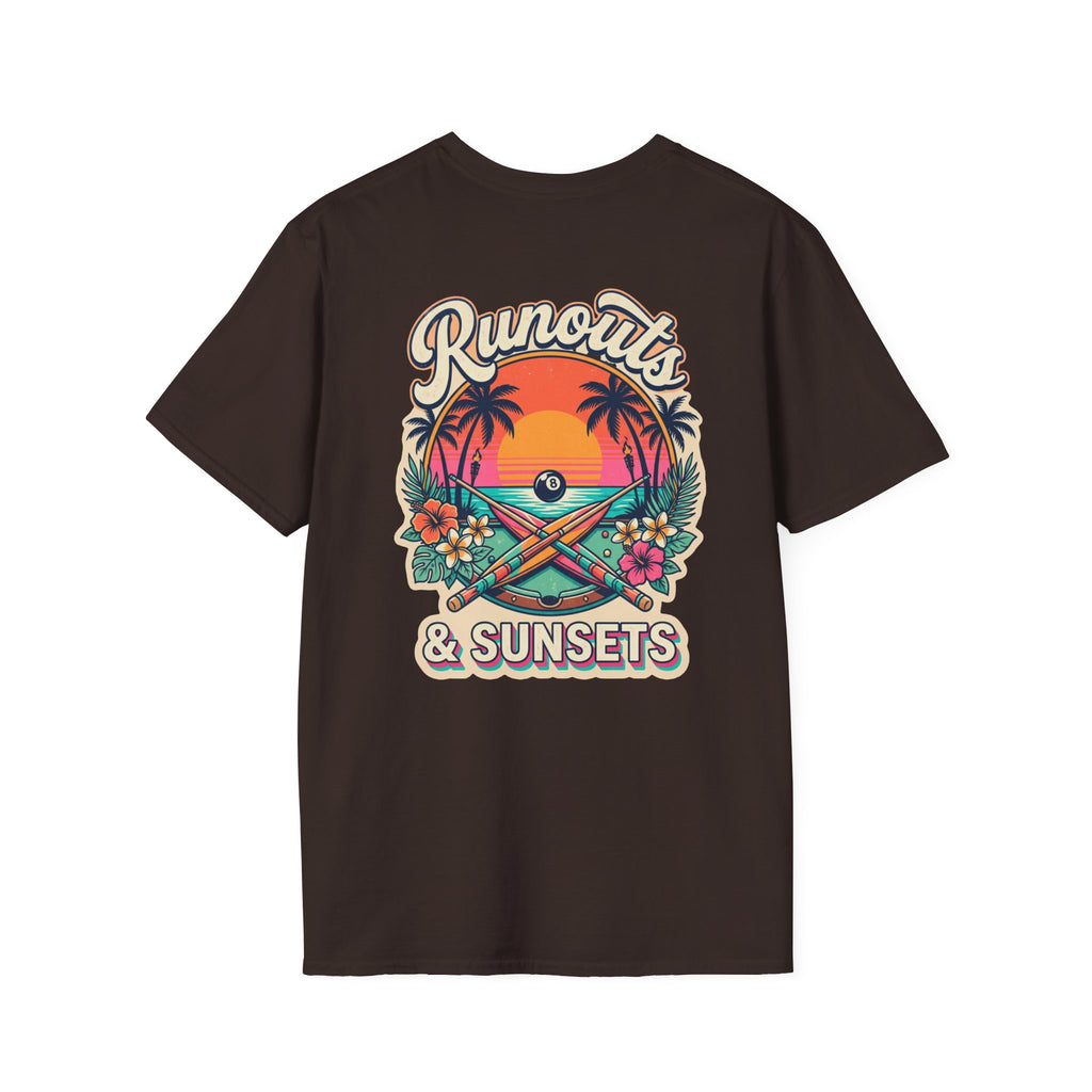 Runouts & Sunsets Tropical Billiards T-Shirt | Beach Pool Player Graphic Tee | Front & Back Print