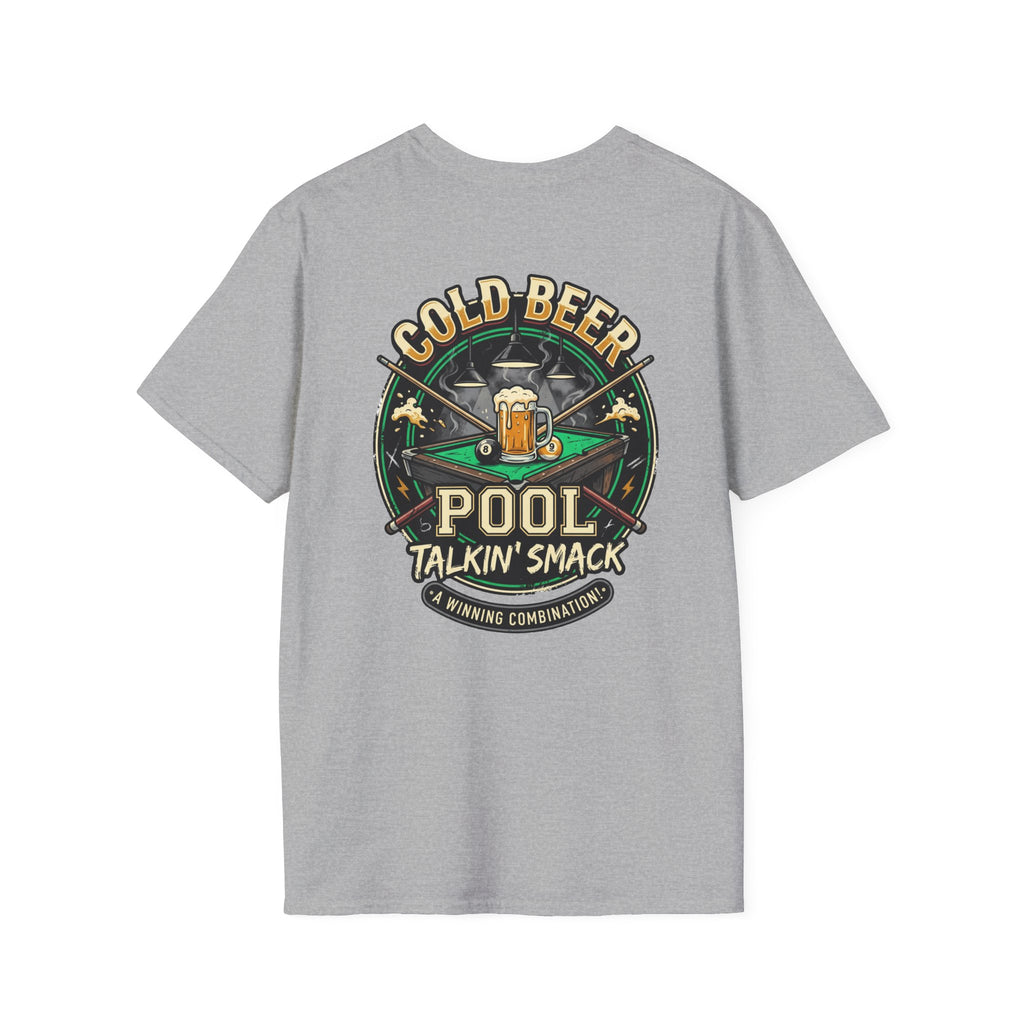 Cold Beer, Pool & Talkin' Smack Billiards T-Shirt | Funny Pool Player Graphic Tee | Front & Back Print