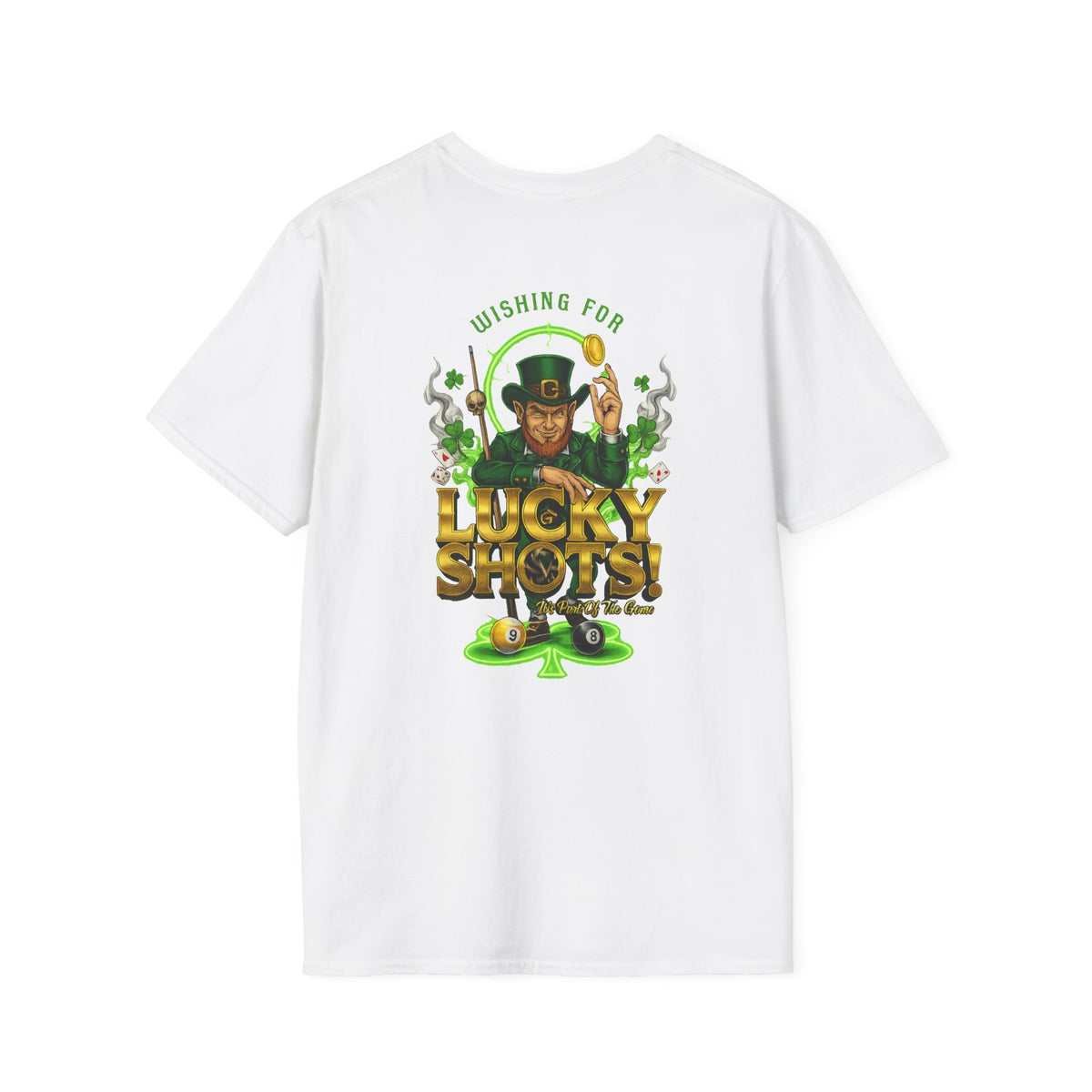 Wishing for Lucky Shots! Funny St. Patrick's Day Pool Player T-Shirt | Irish Billiards Graphic Tee | Front & Back Print