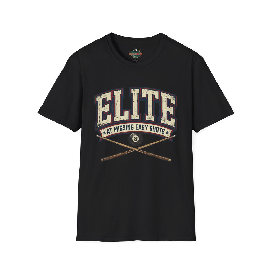 Elite at Missing Easy Shots V2 Funny Billiards T-Shirt | Vintage 8 Ball Pool Player Graphic Unisex Tee