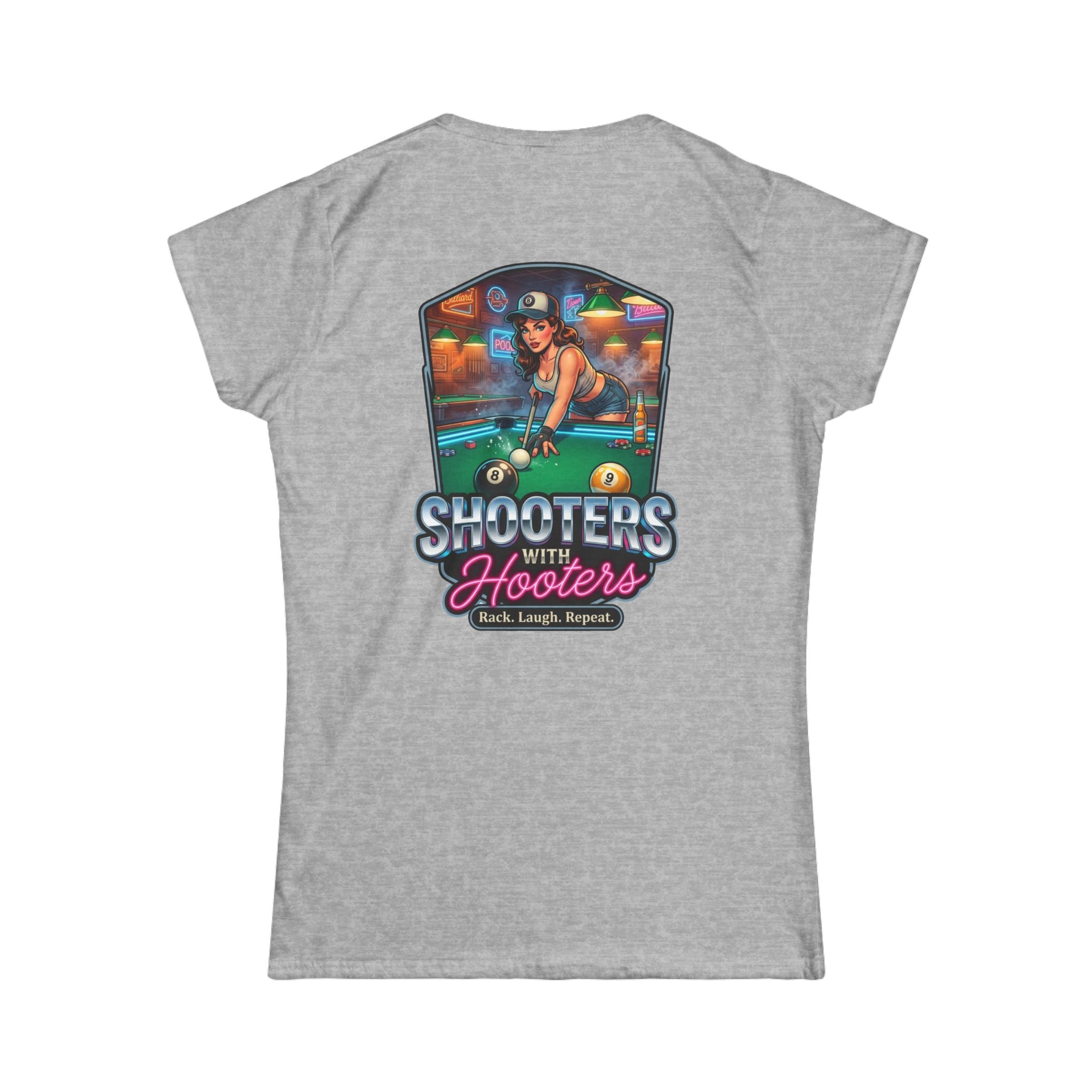 Shooters With Hooters Women's Billiards T-Shirt – Funny Pool Player Graphic Tee | Front & Back Print