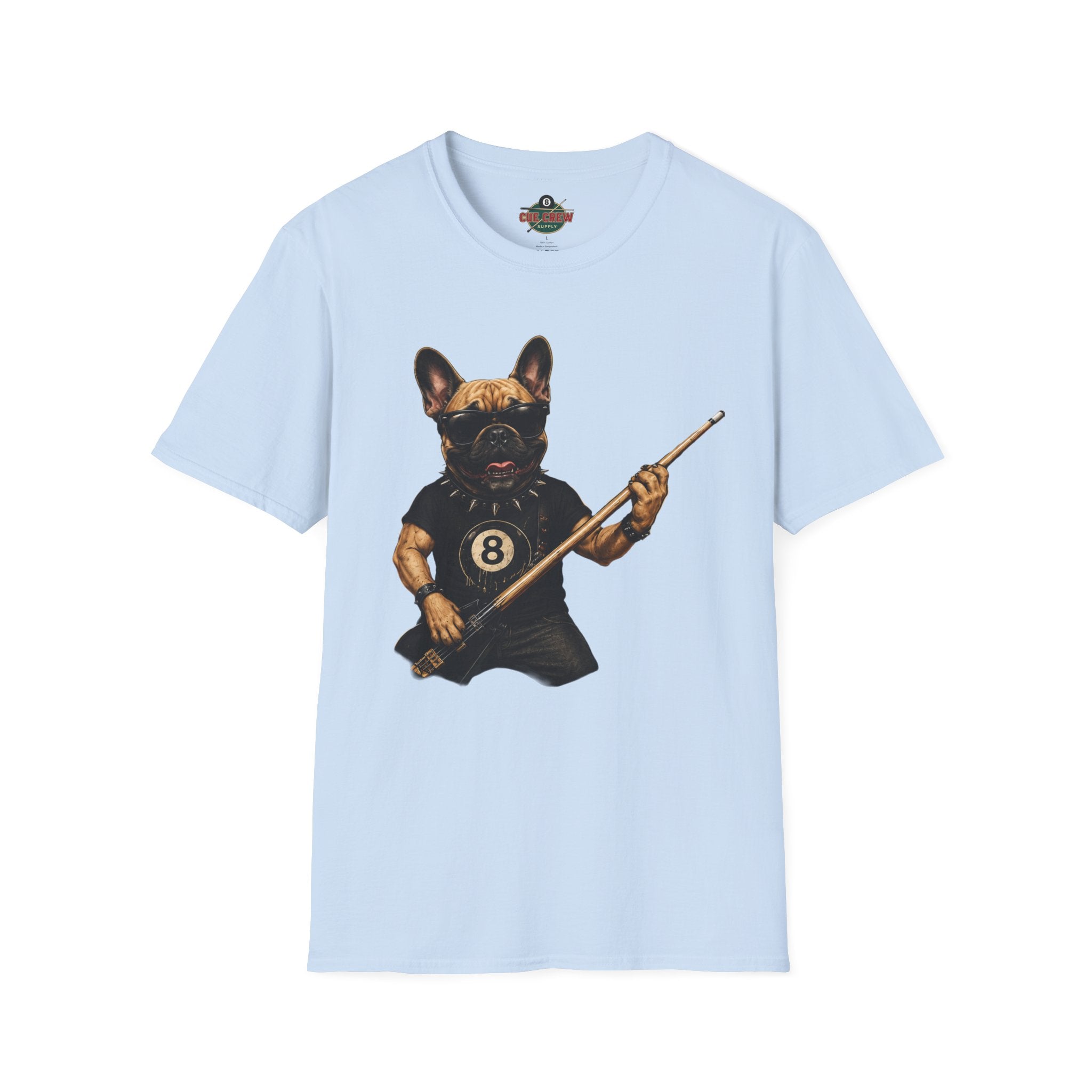 Rockin' French Bulldog Playing Cue Guitar Funny Billiards T-Shirt | Pool Dog Graphic Front Print Unisex Tee