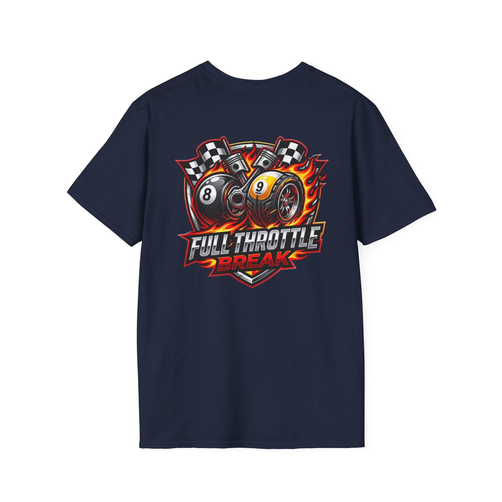 Full Throttle Break Billiards T-Shirt | Racing Inspired 8 Ball & 9 Ball Pool Player Graphic Tee | Front & Back Print