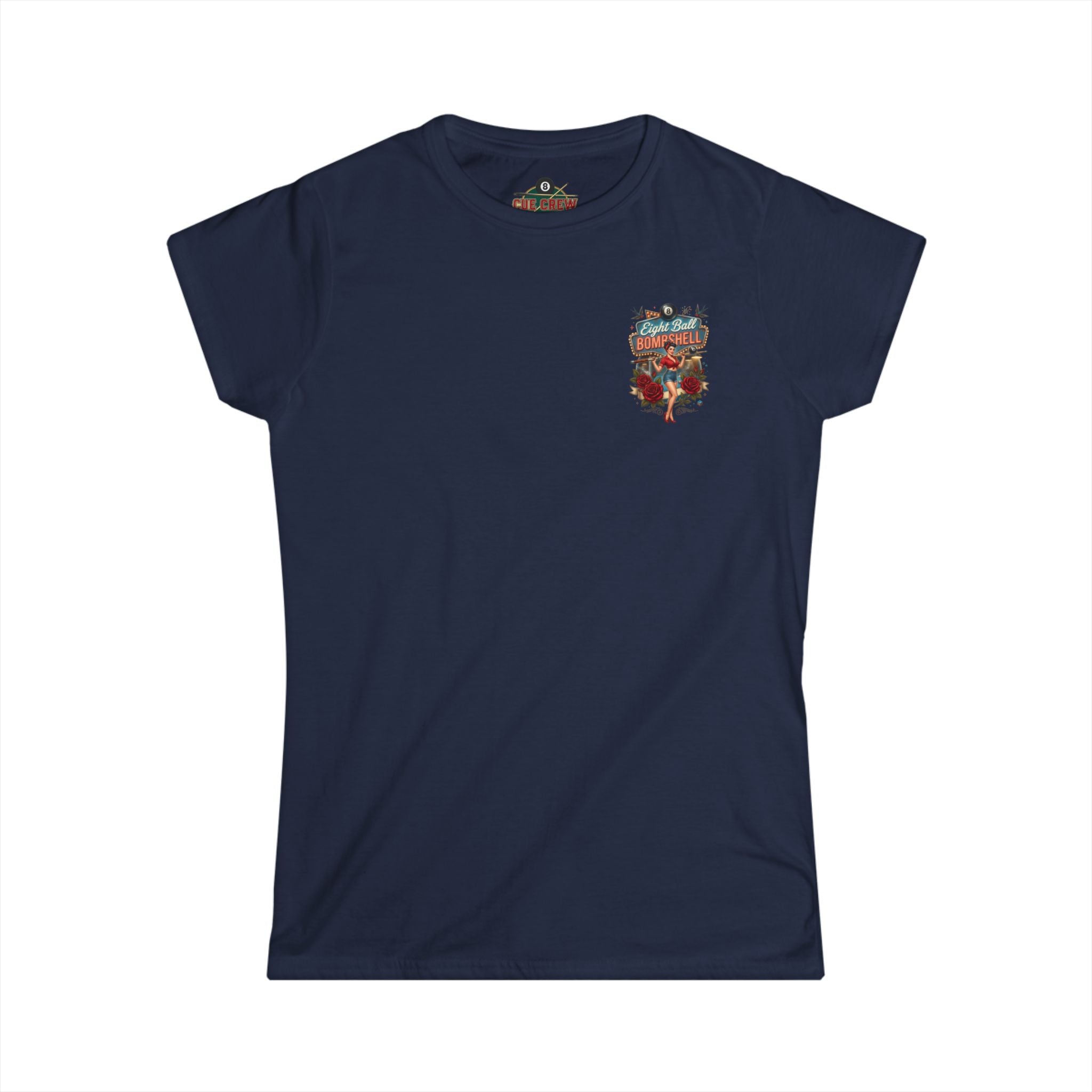 Eight Ball Bombshell V2 Women's Billiards T-Shirt | Retro Pin-Up Pool Player Graphic Tee | Front & Back Print