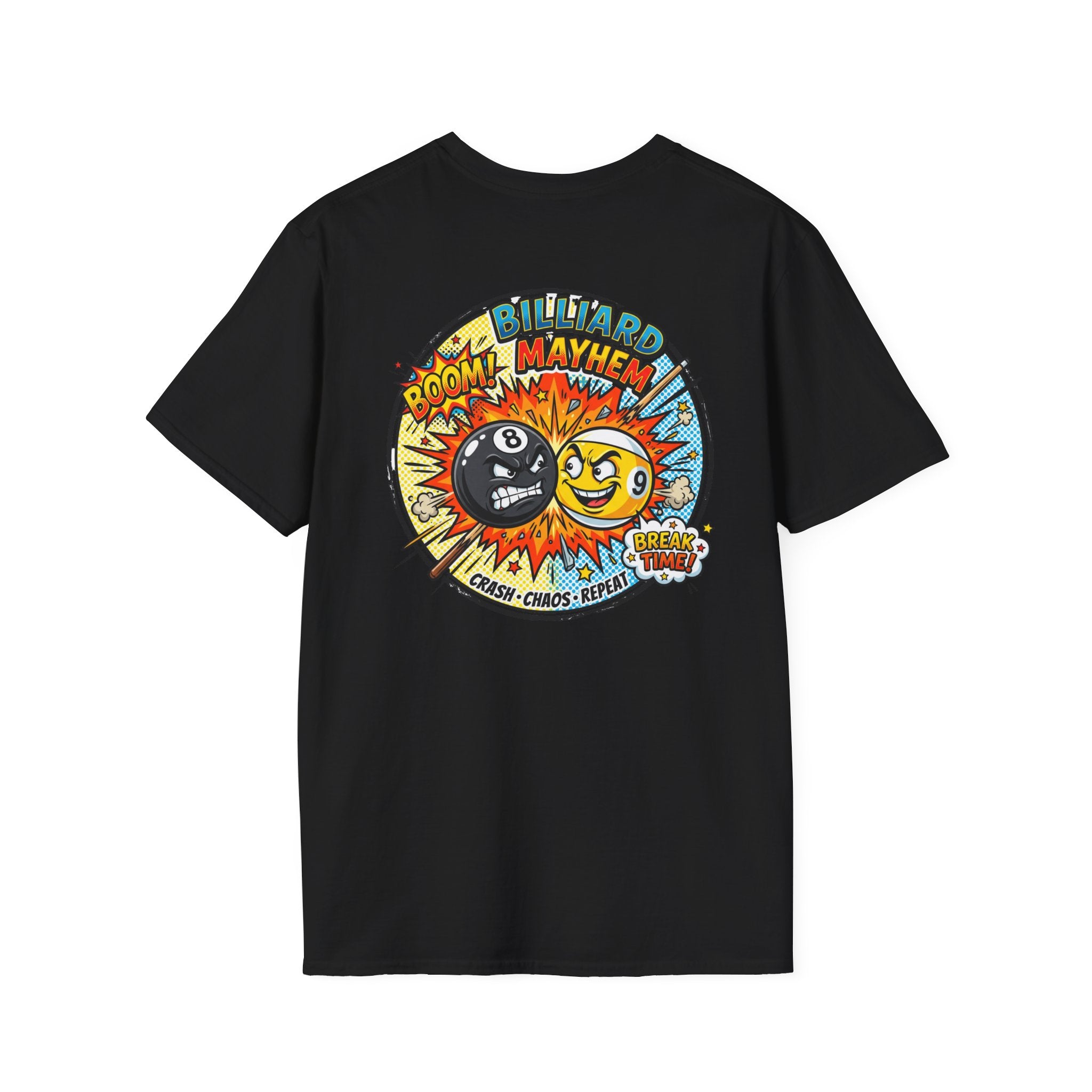 Billiard Mayhem Comic Pool Player T-Shirt | Boom! Break Time! Funny 8 Ball & 9 Ball Graphic Tee | Front & Back Print