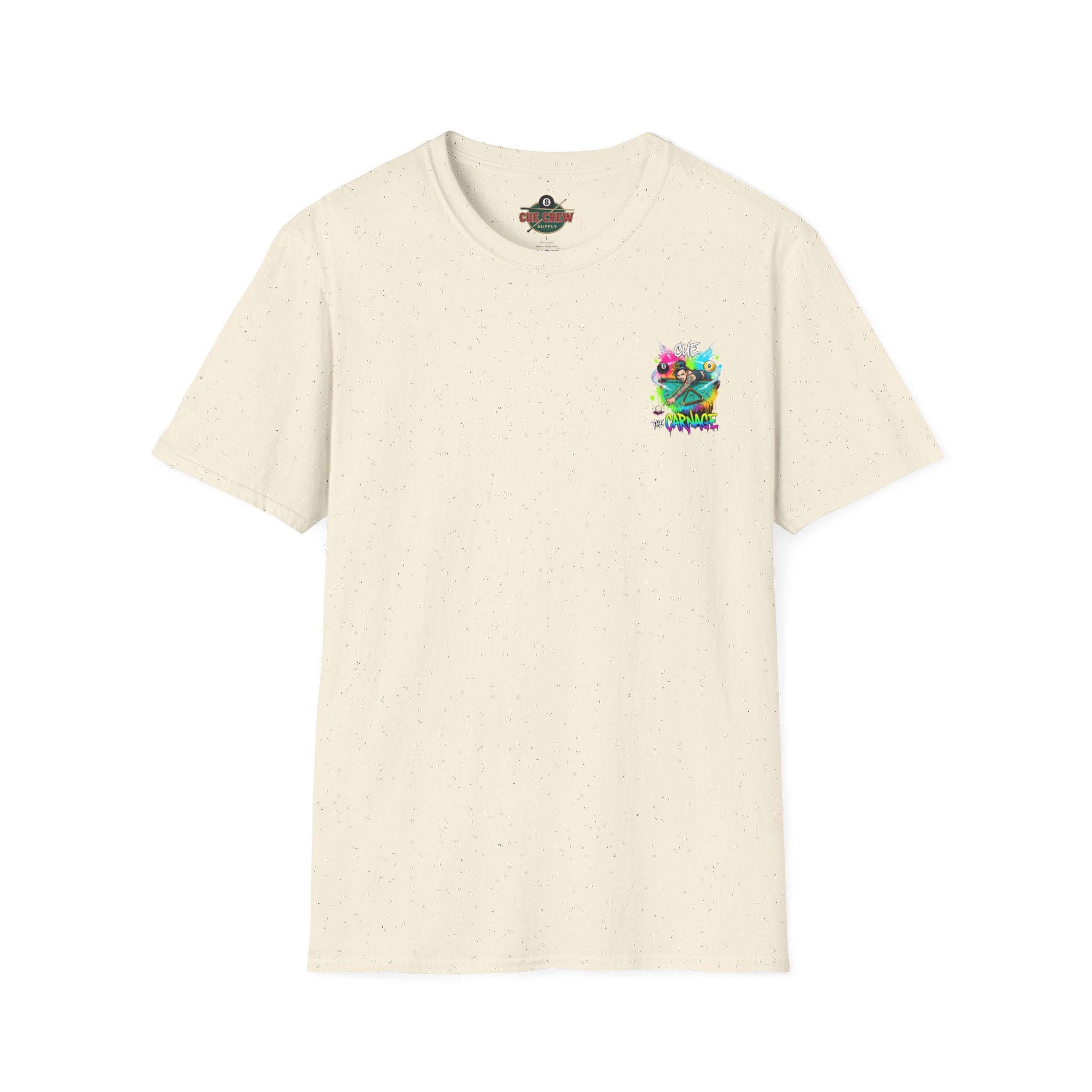 Cue the Carnage Funny Billiards T-Shirt – Tattooed Pool Shark Graphic Tee | Front & Back Print