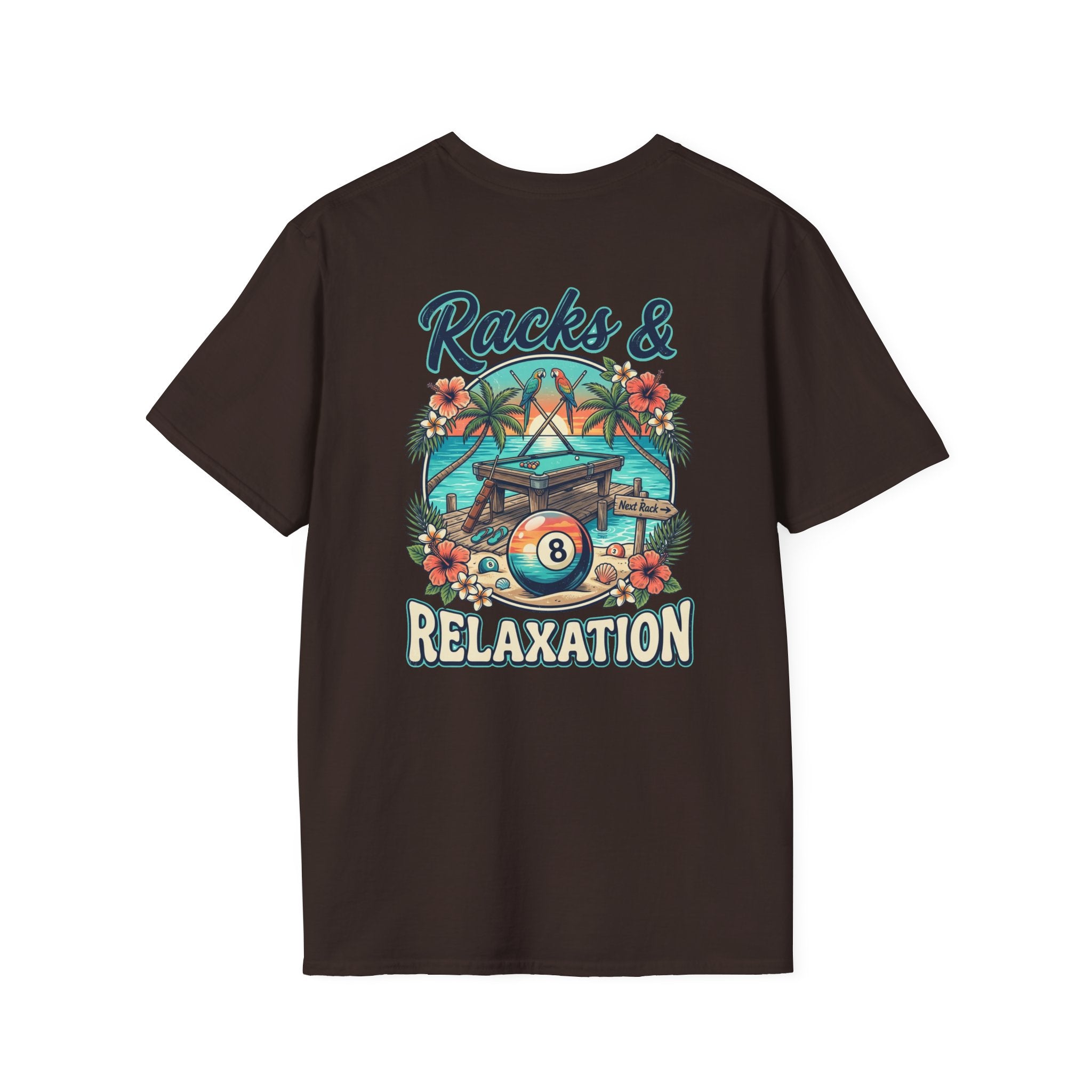 Racks & Relaxation Tropical Billiards T-Shirt | Beach Pool Player Graphic Tee | Front & Back Print