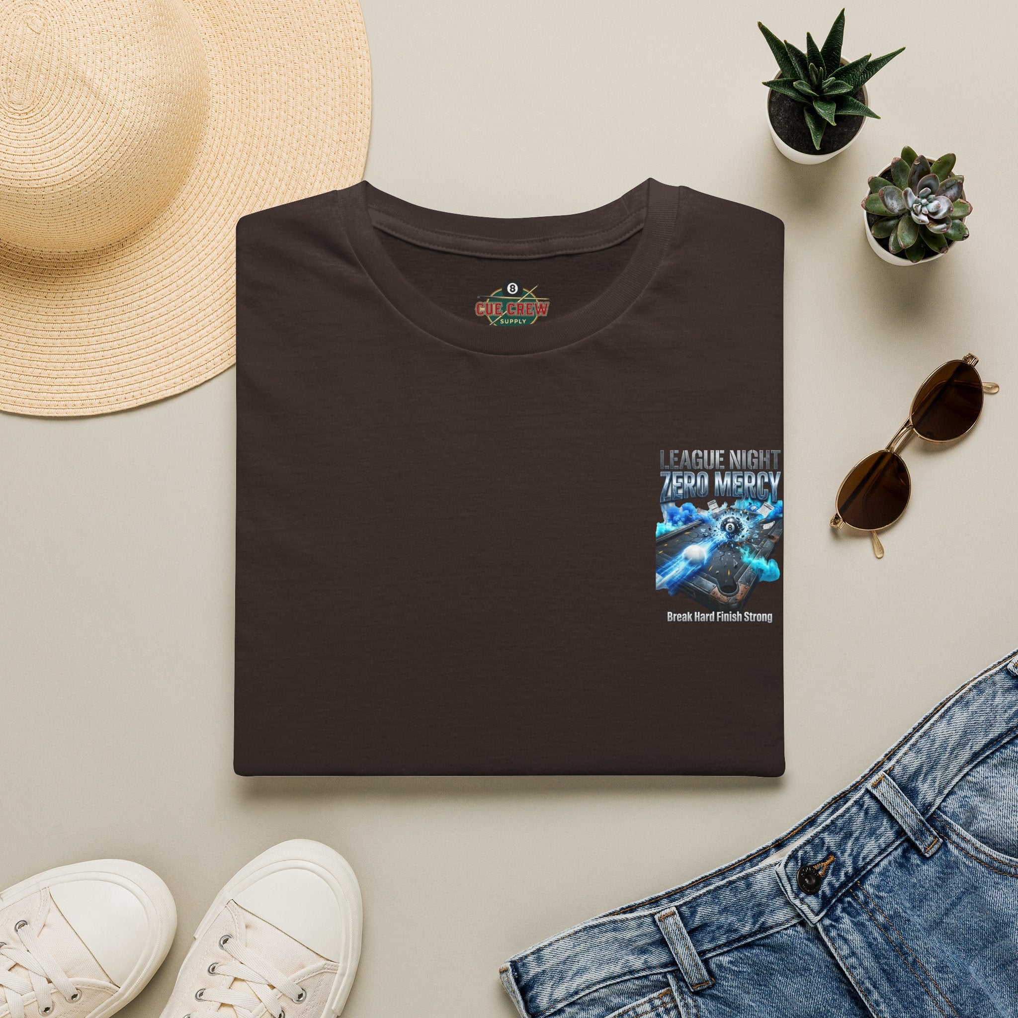 League Night Zero Mercy Billiards T-Shirt | Break Hard Finish Strong Pool Player Graphic Tee | Front & Back Print