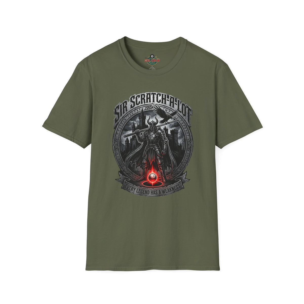 Sir Scratch-A-Lot Funny Billiards T-Shirt | Medieval Pool Knight Graphic | Front Only Print Unisex Tee
