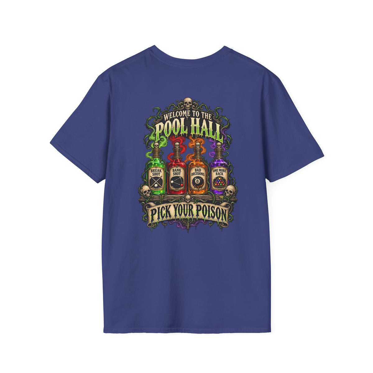 Pick Your Poison – Halloween Billiards T-Shirt – Front & Back Pool Tee | CCS-HST-003