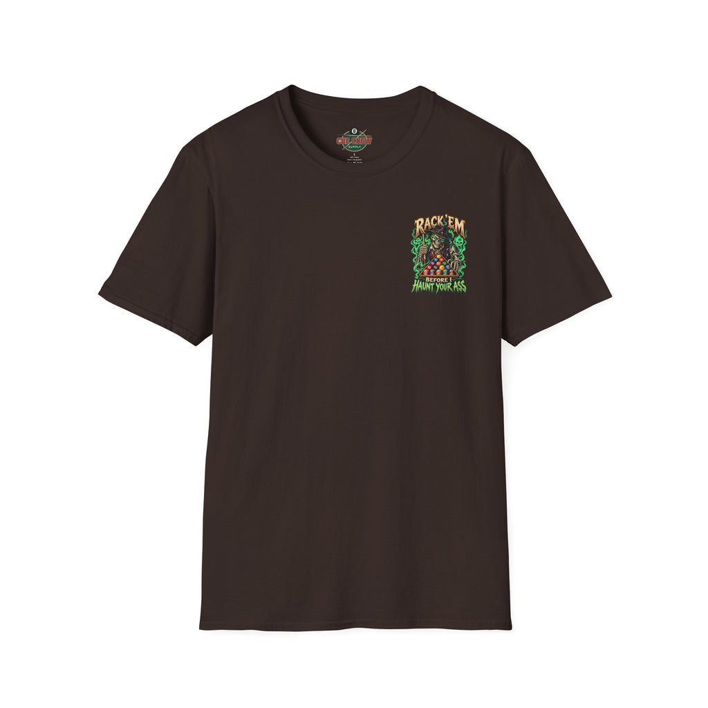 Rack ’Em Before I Haunt Your Ass – Halloween Billiards T-Shirt – Skeleton Pool Player Tee