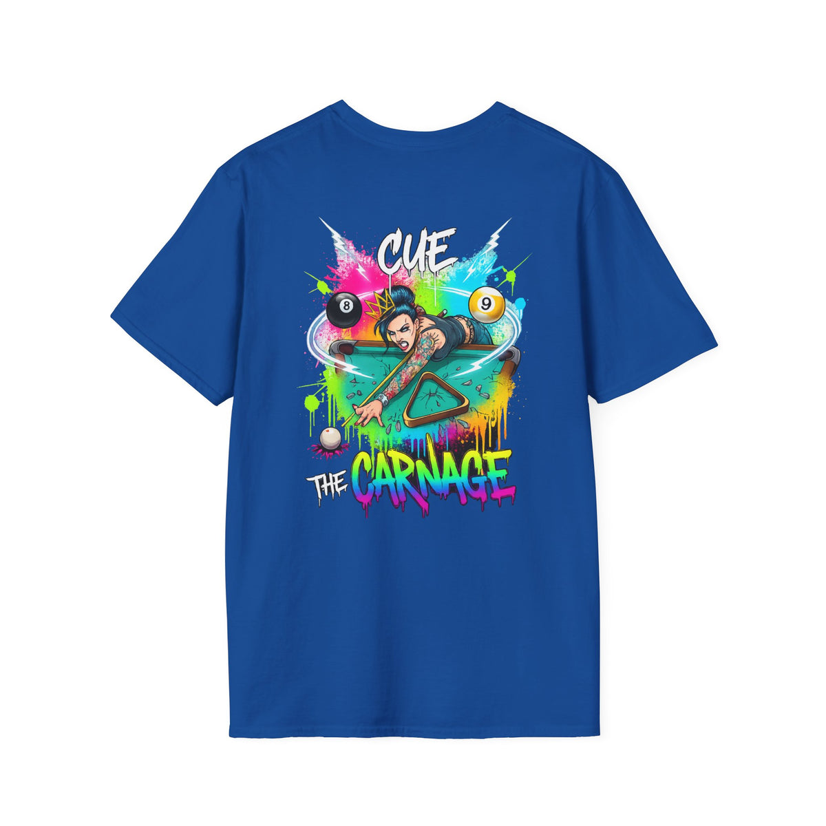 Cue the Carnage Funny Billiards T-Shirt – Tattooed Pool Shark Graphic Tee | Front & Back Print