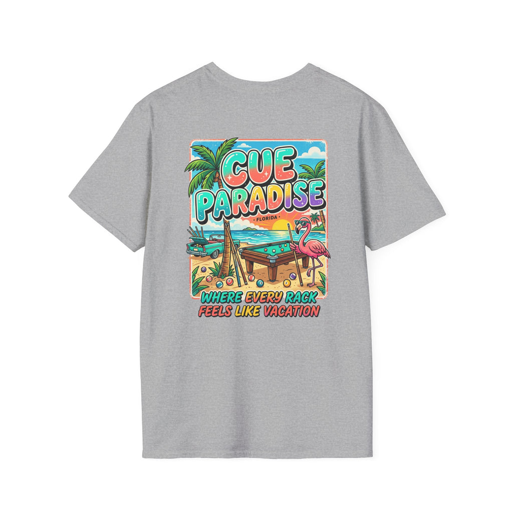 Cue Paradise Florida Billiards T-Shirt | Tropical Pool Player Beach Graphic Tee | Front & Back Print