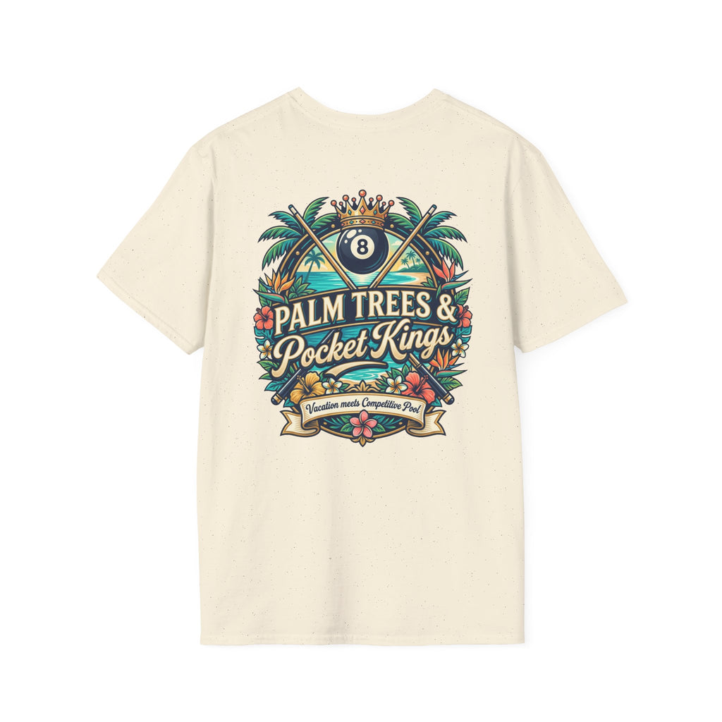 Palm Trees & Pocket Kings Billiards T-Shirt | Tropical Pool Player Graphic Tee | Vacation Pool Hall Shirt | Front & Back Print