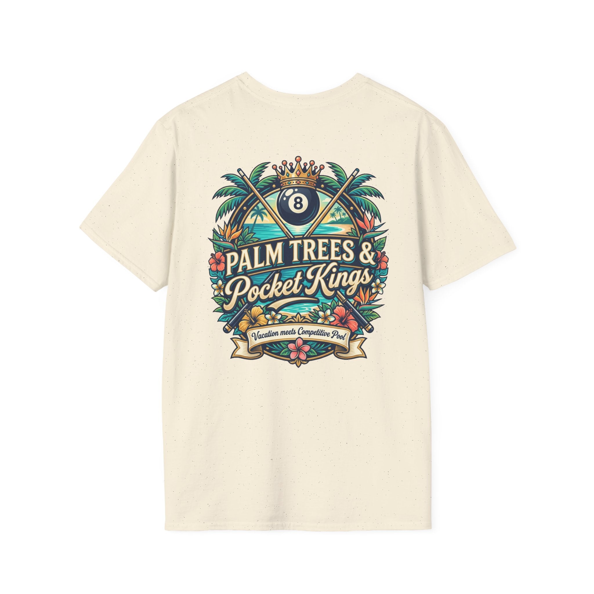 Palm Trees & Pocket Kings Billiards T-Shirt | Tropical Pool Player Graphic Tee | Vacation Pool Hall Shirt | Front & Back Print