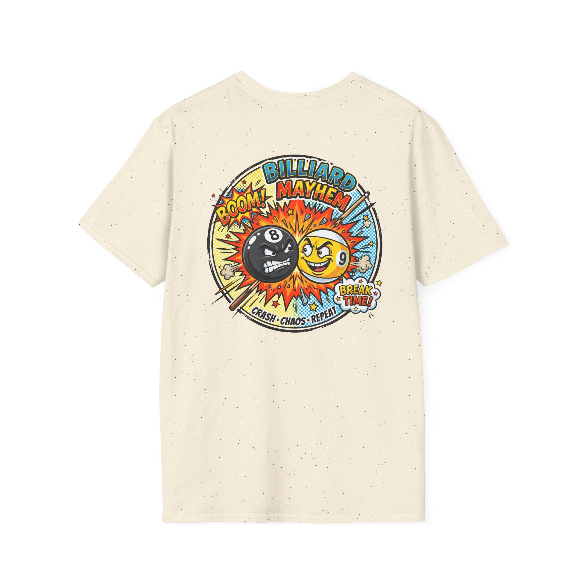 Billiard Mayhem Comic Pool Player T-Shirt | Boom! Break Time! Funny 8 Ball & 9 Ball Graphic Tee | Front & Back Print