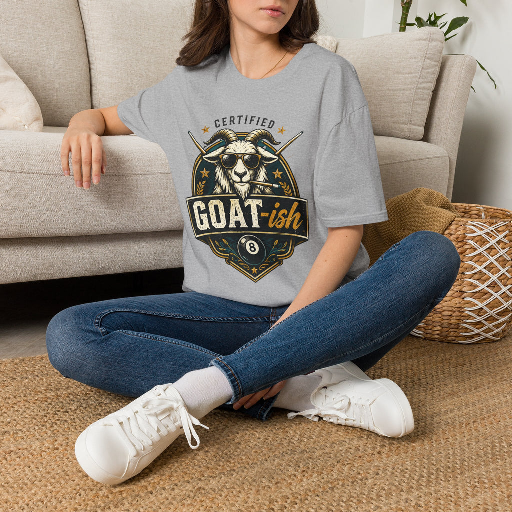 Certified GOAT-ish Funny Billiards T-Shirt | Pool Player Graphic Unisex Tee | 8 Ball Goat Design - Front Only