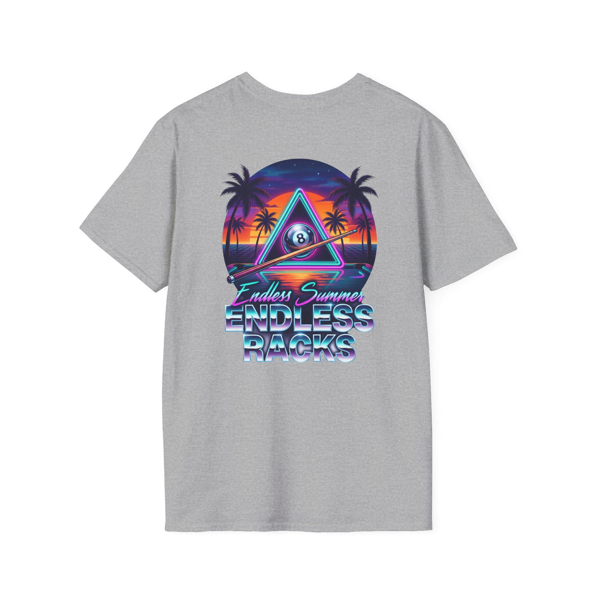 Endless Summer Endless Racks Billiards T-Shirt | Retro Sunset Pool Player Graphic Tee | Tropical 8 Ball Beach Vibes Shirt