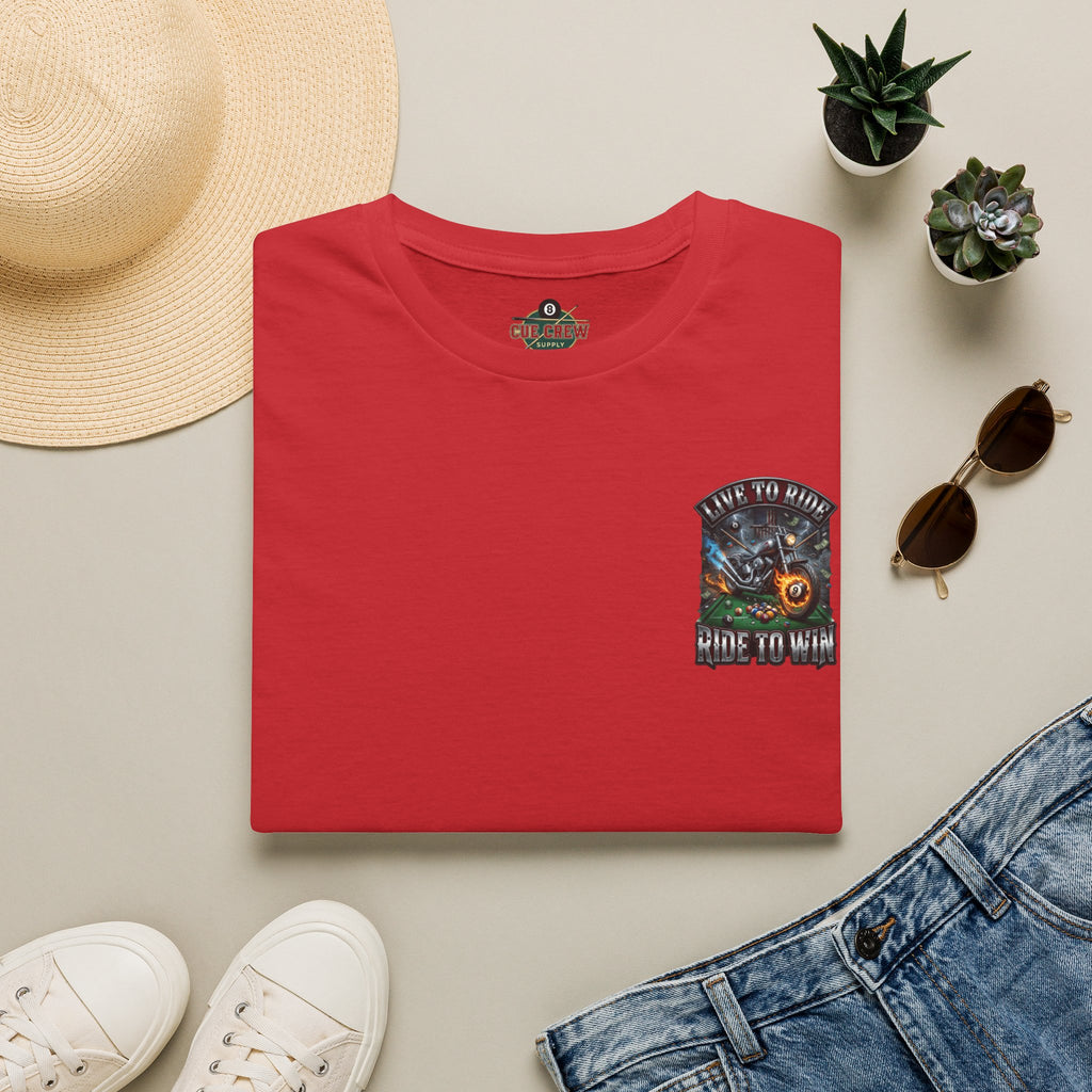 Live to Ride. Ride to Win. Biker Billiards T-Shirt | Motorcycle Pool Player Graphic Tee | Front & Back Print